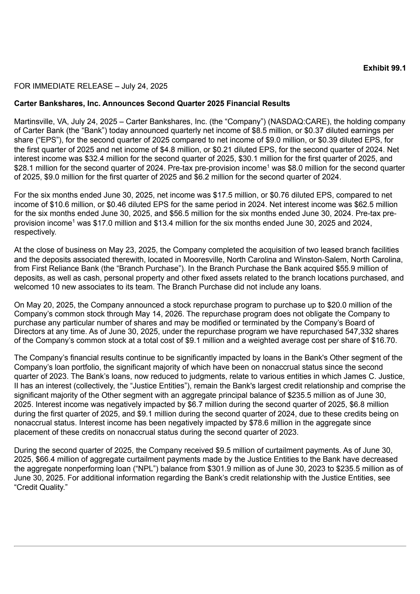Carter Bankshares' Q2 2025 Press Release