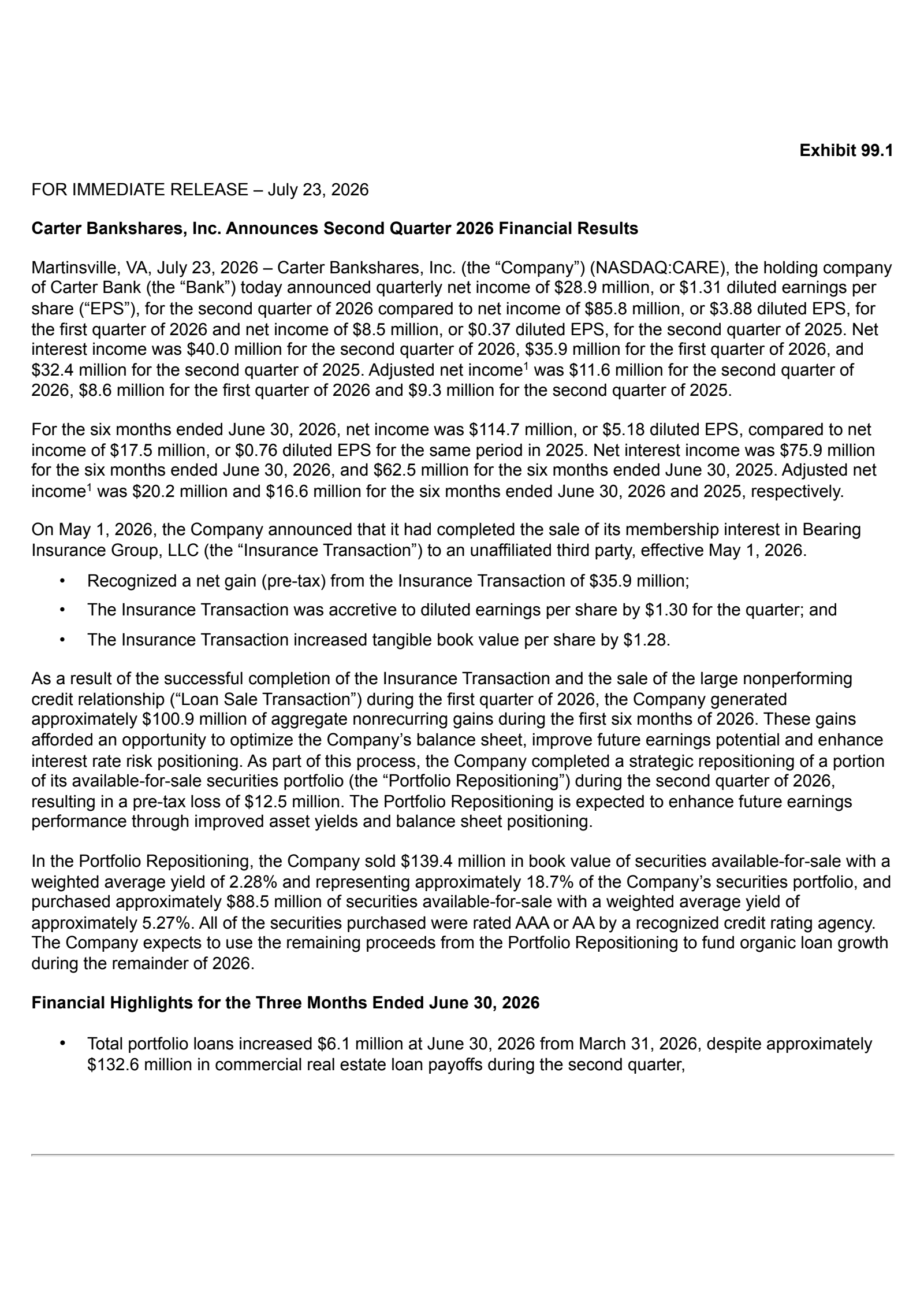 Carter Bankshares' Q2 2026 Press Release