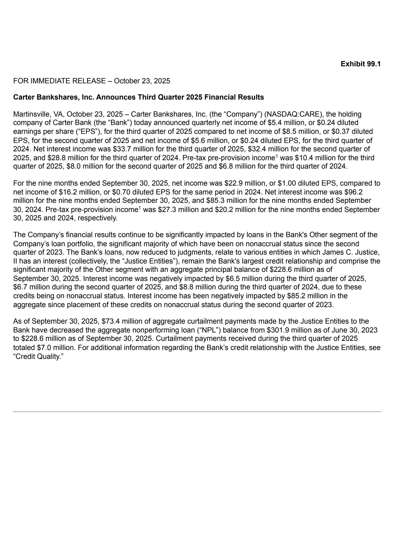 Carter Bankshares' Q3 2025 Earnings Release