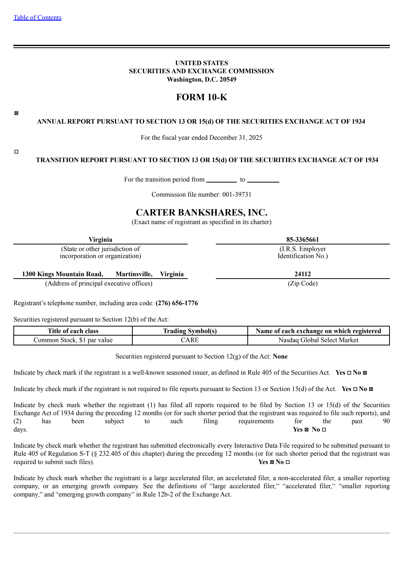 Carter Bankshares' Q4 2025 Annual report