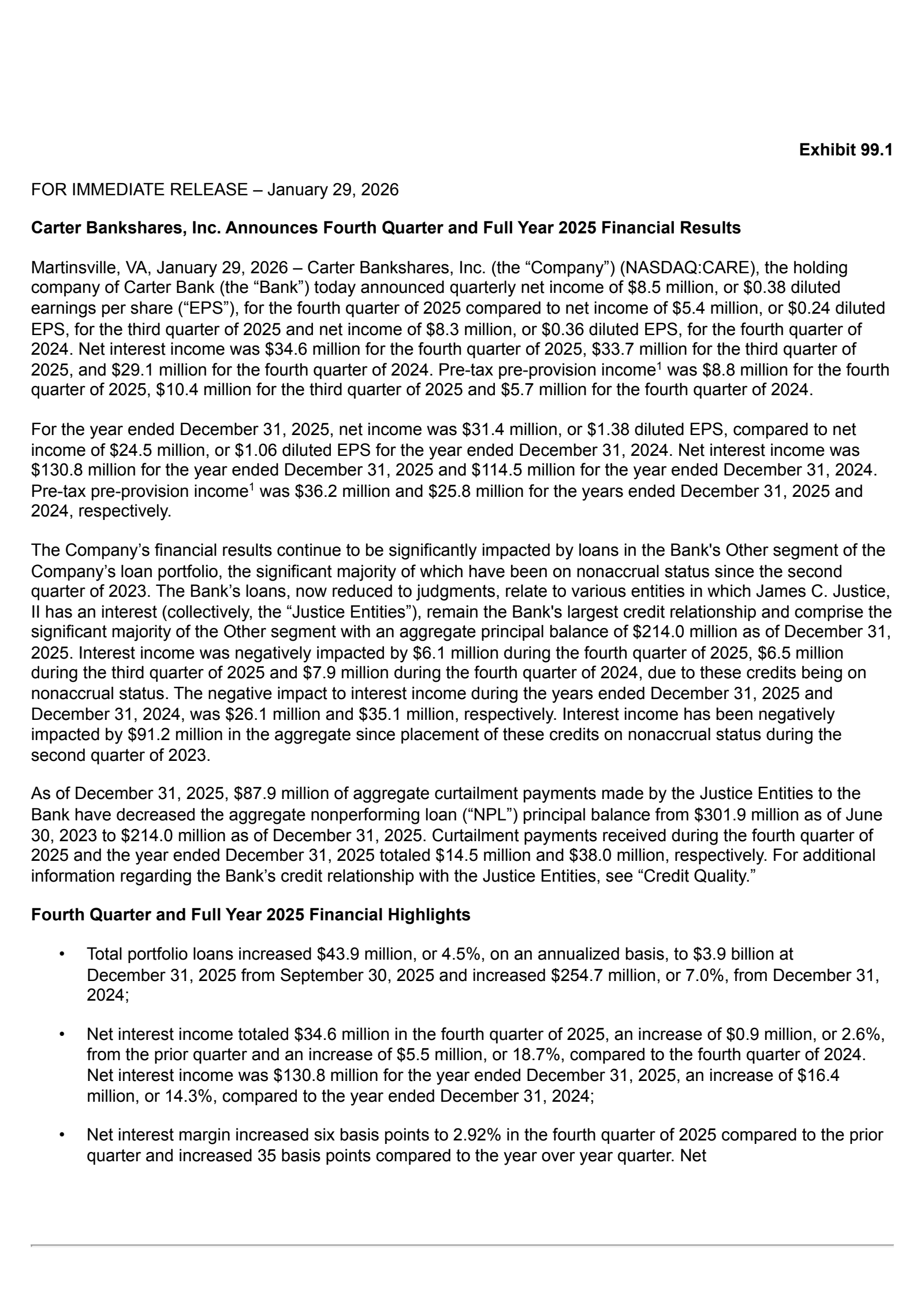 Carter Bankshares' Q4 2025 Press Release