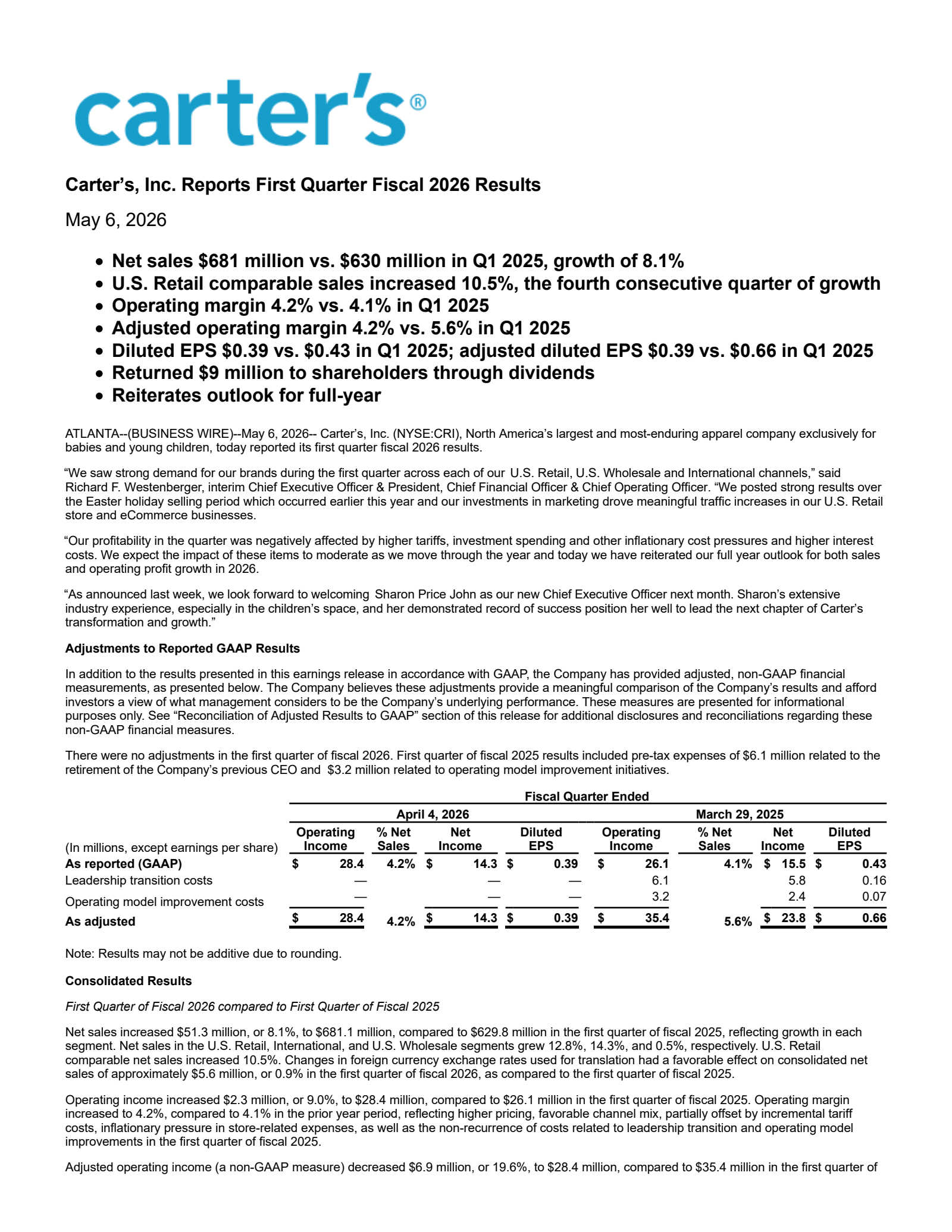 Carter's' Q1 2026 Press Release