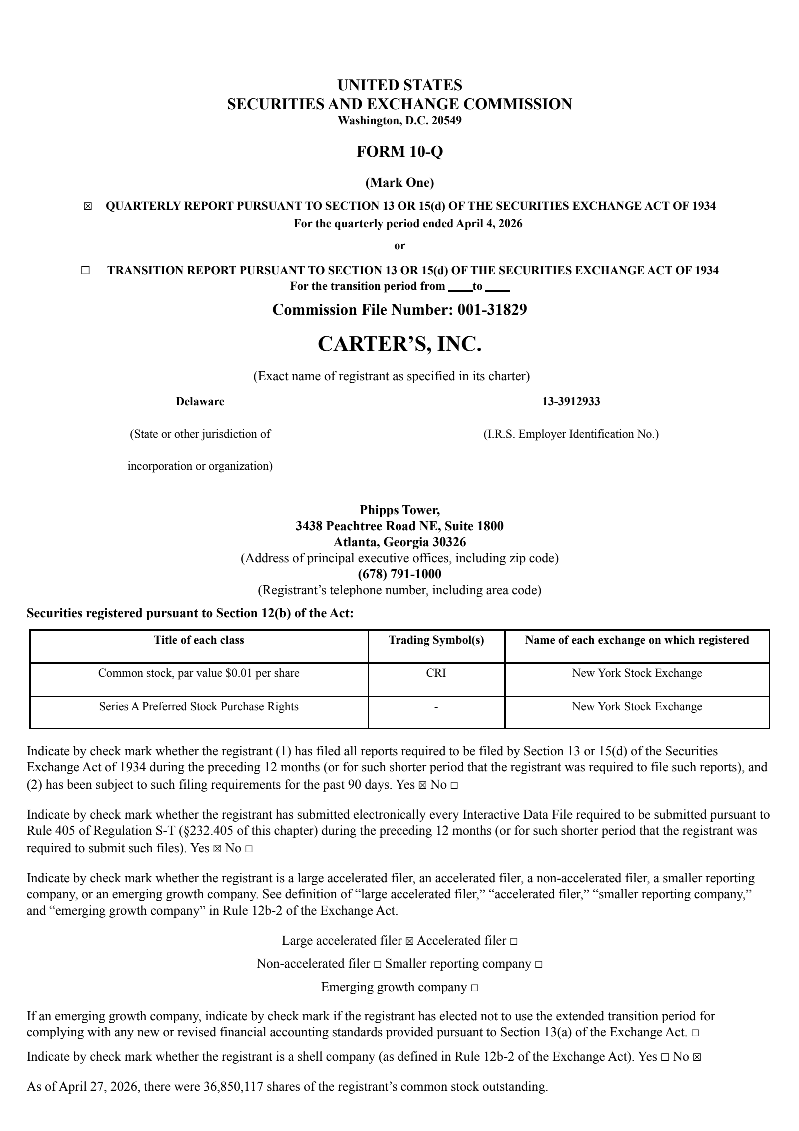Carter's' Q1 2026 Quarterly report