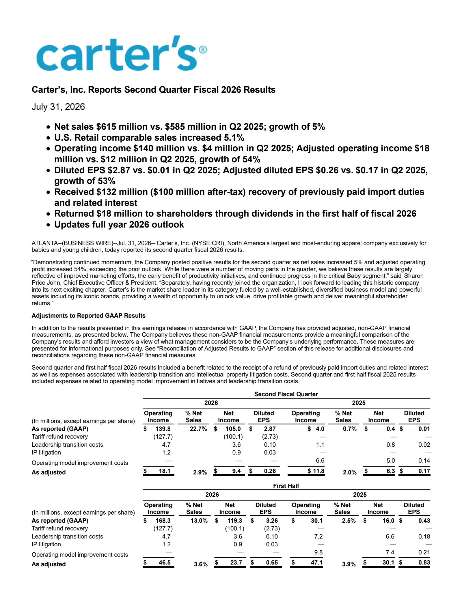 Carter's' Q2 2026 Press Release