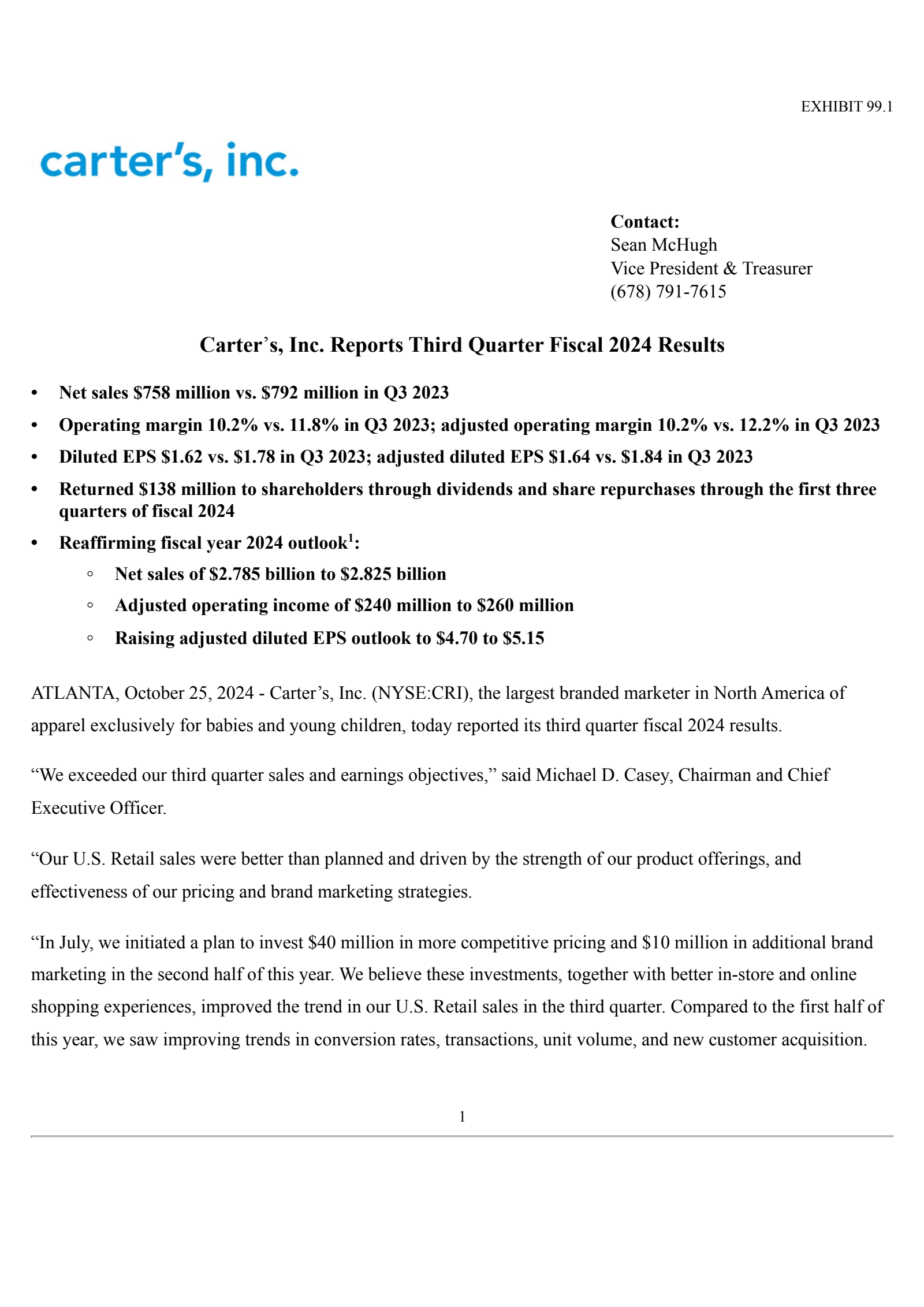 Carter's' Q3 2024 Press Release