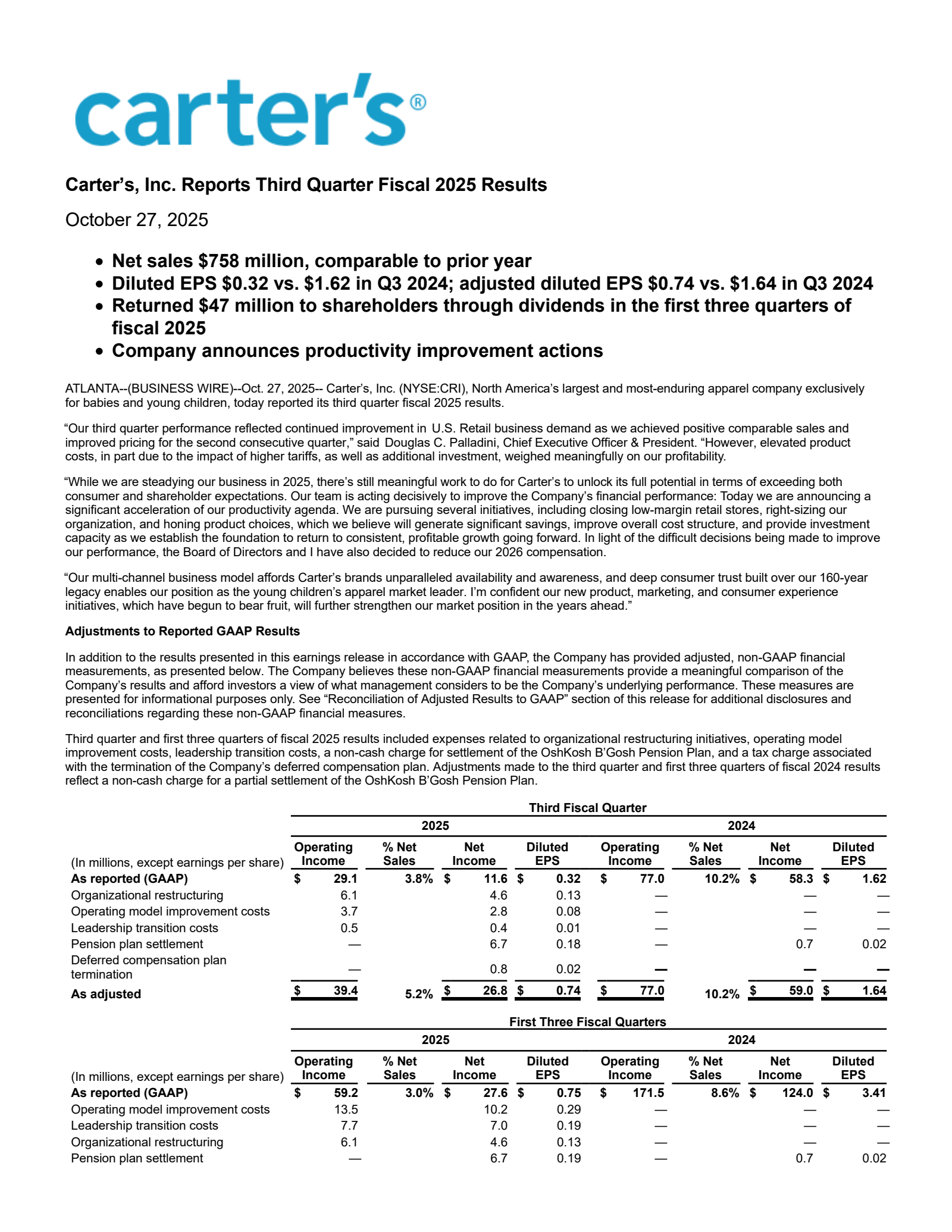 Carter's' Q3 2025 Earnings Release