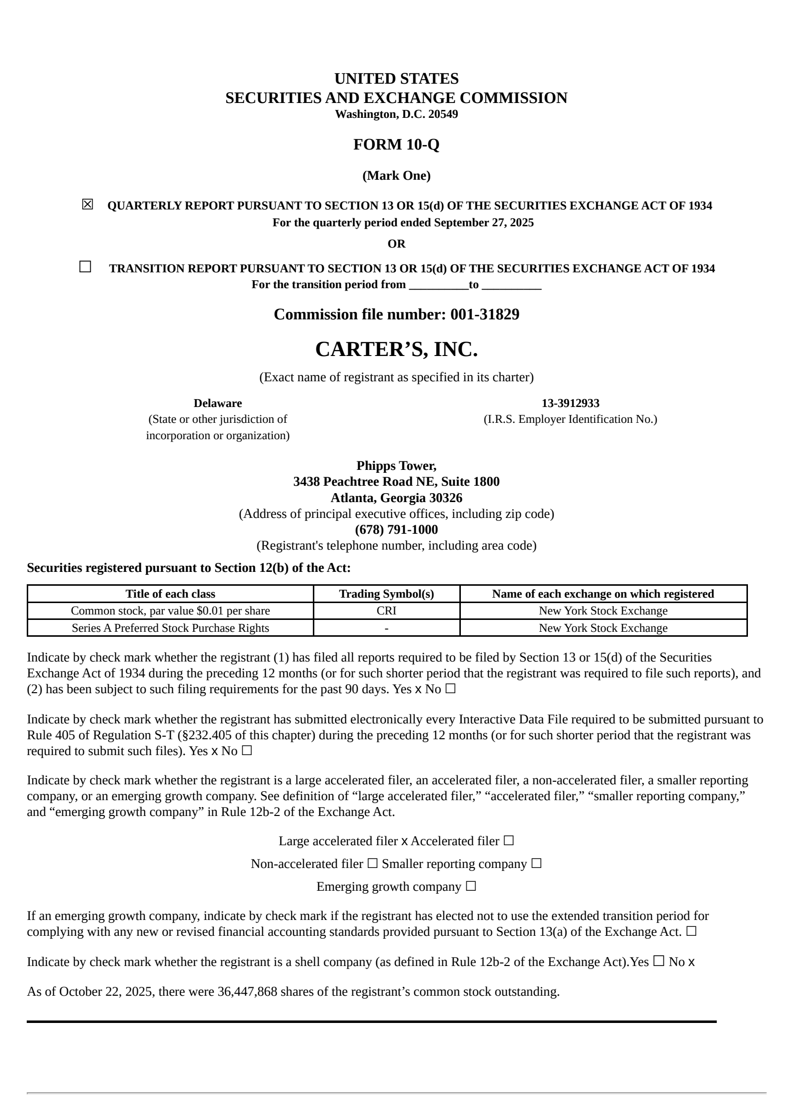 Carter's' Q3 2025 Quarterly Report