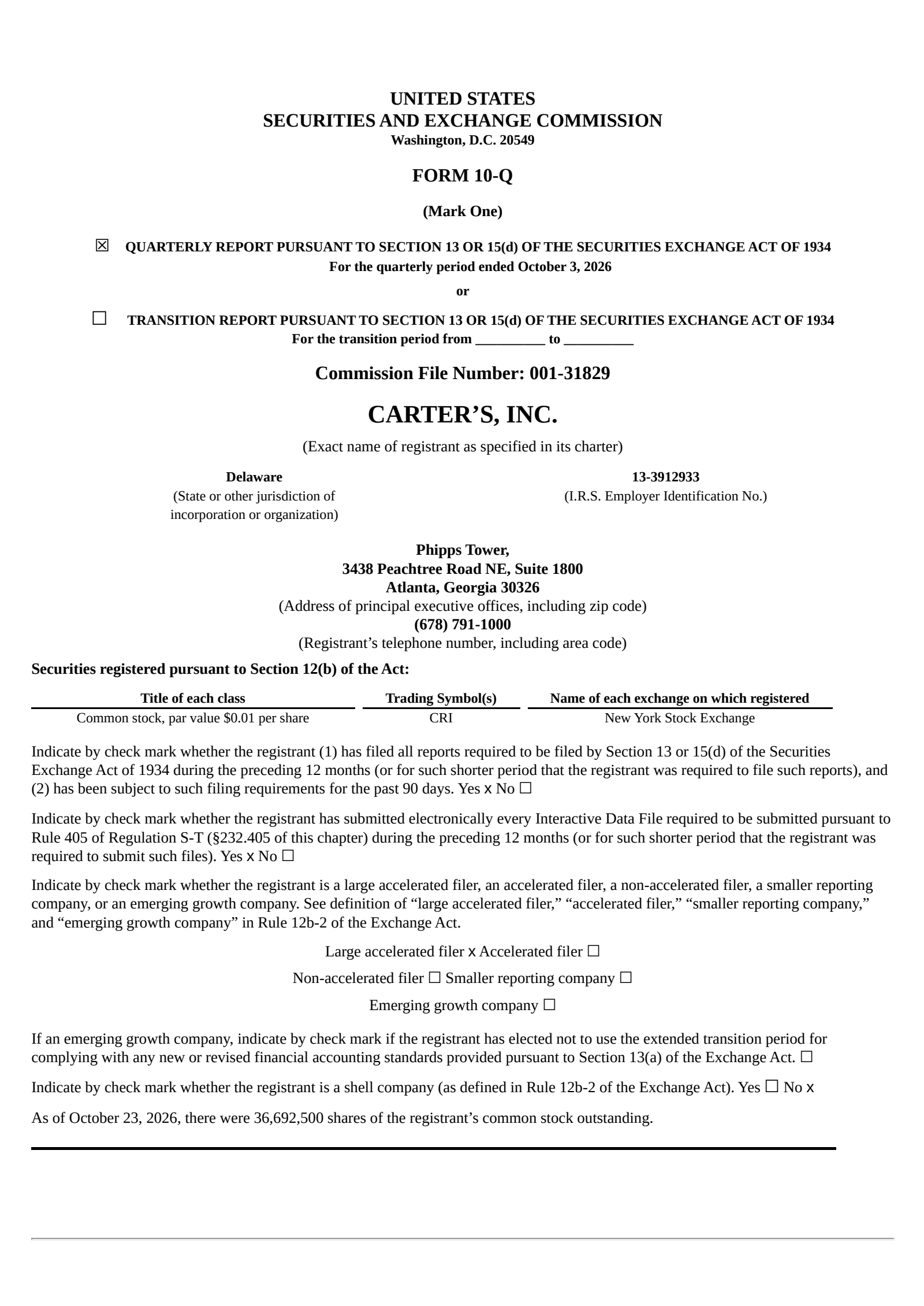 Carter's' Q3 2026 Quarterly report