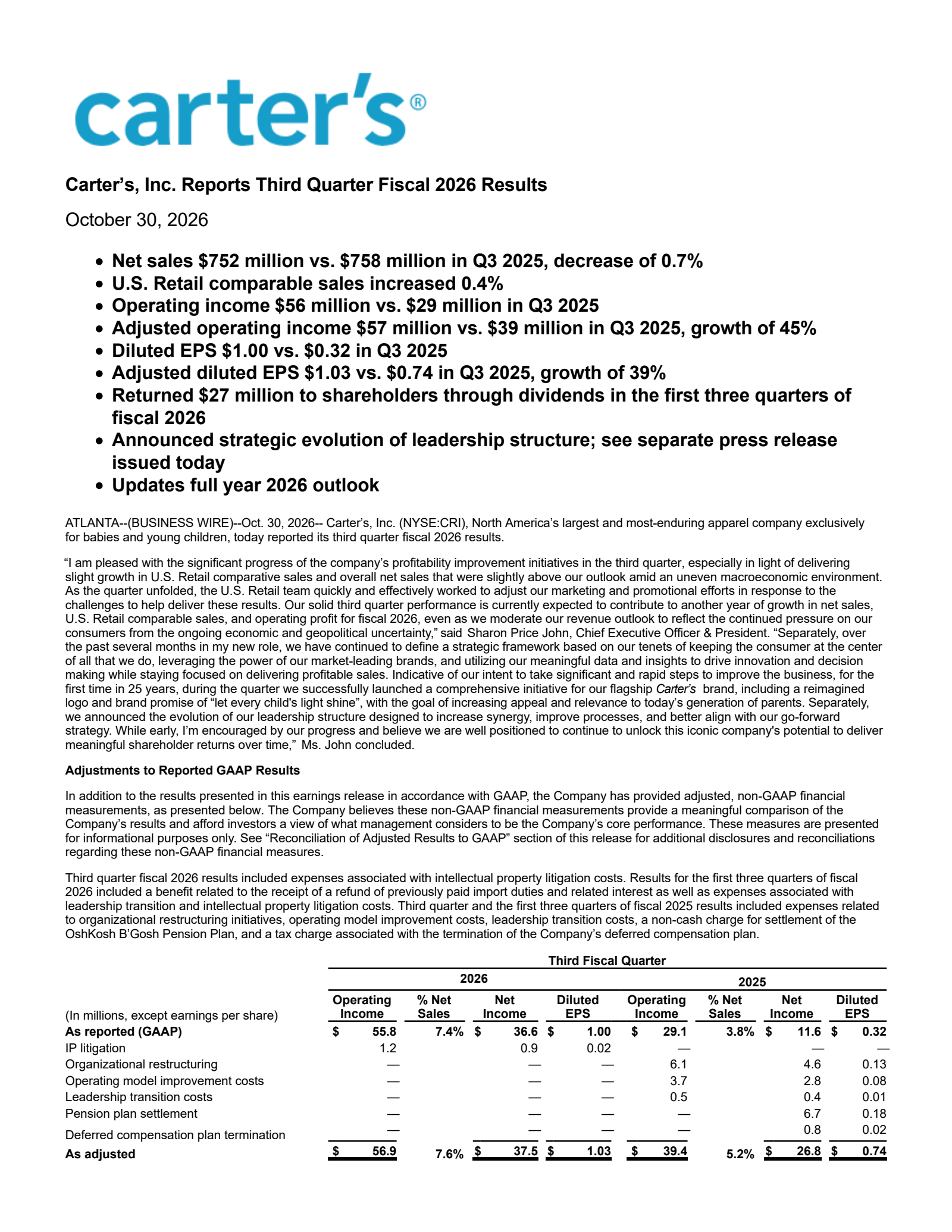 Carter's' Q3 2026 Press Release