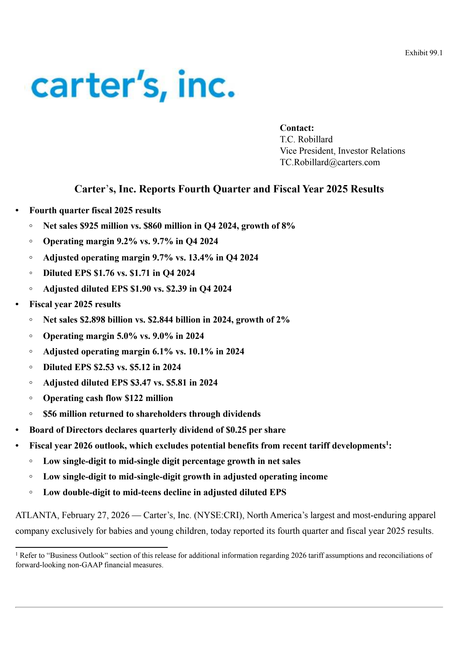Carter's' Q4 2025 Press Release