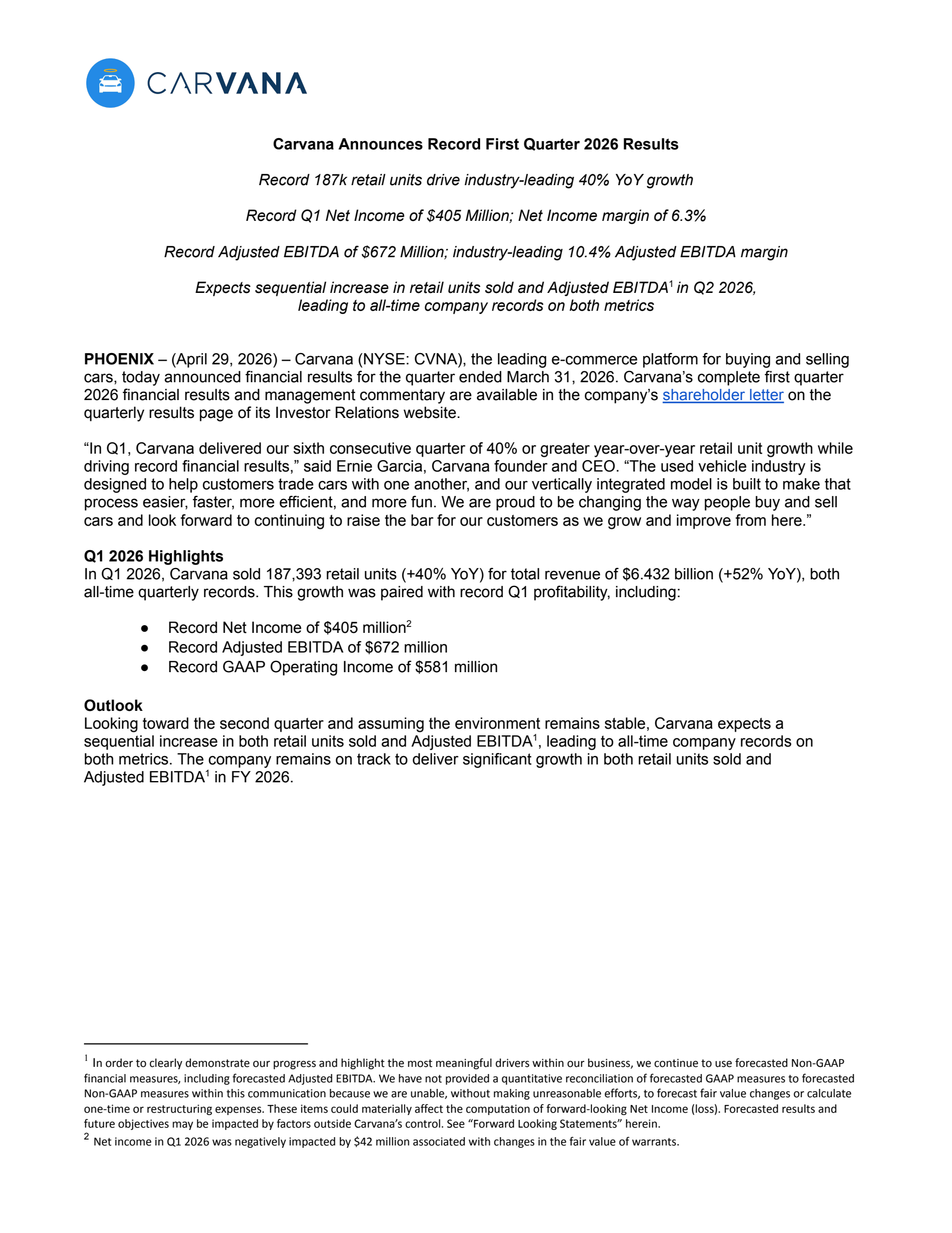 Carvana's Q1 2026 Press Release