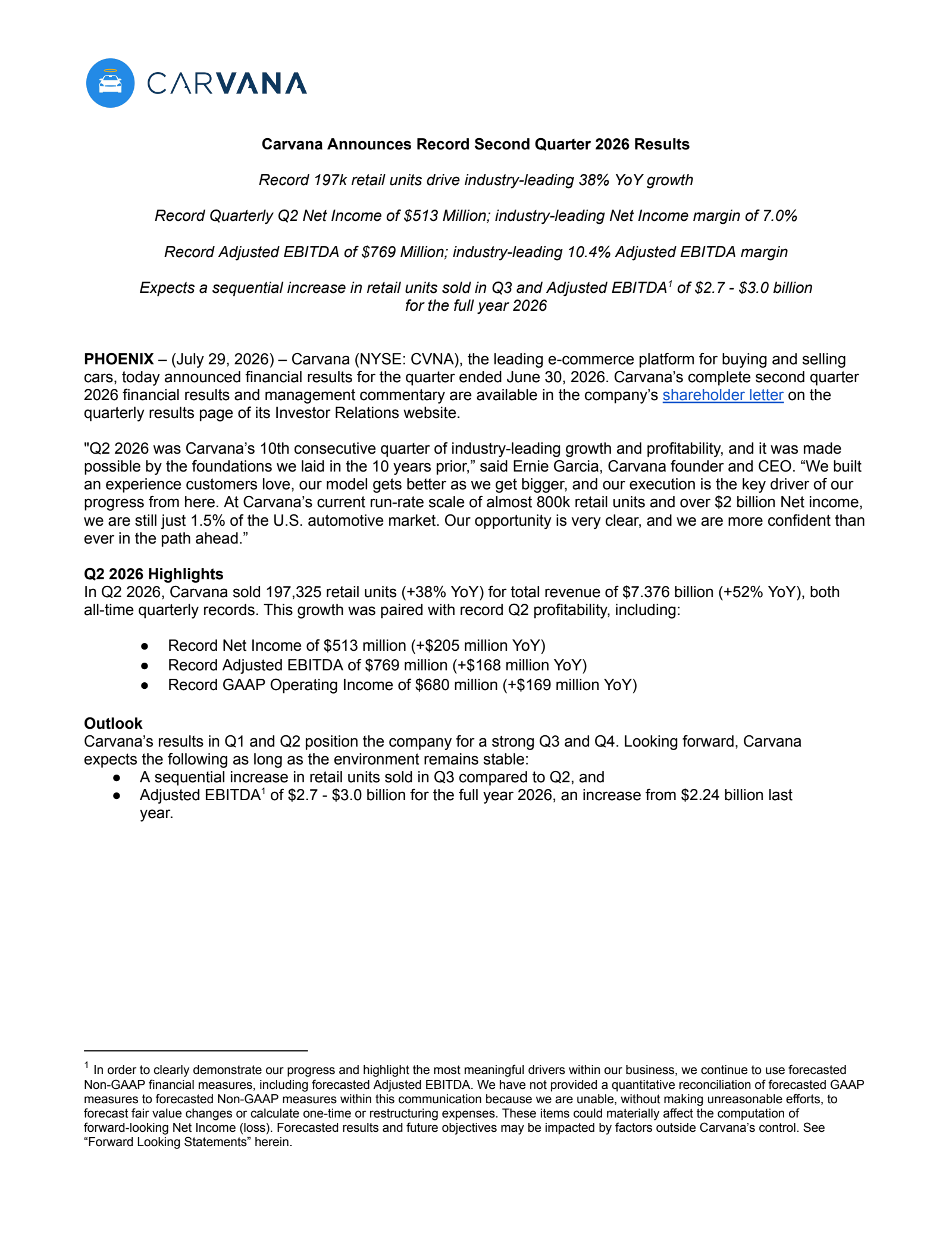 Carvana's Q2 2026 Press Release