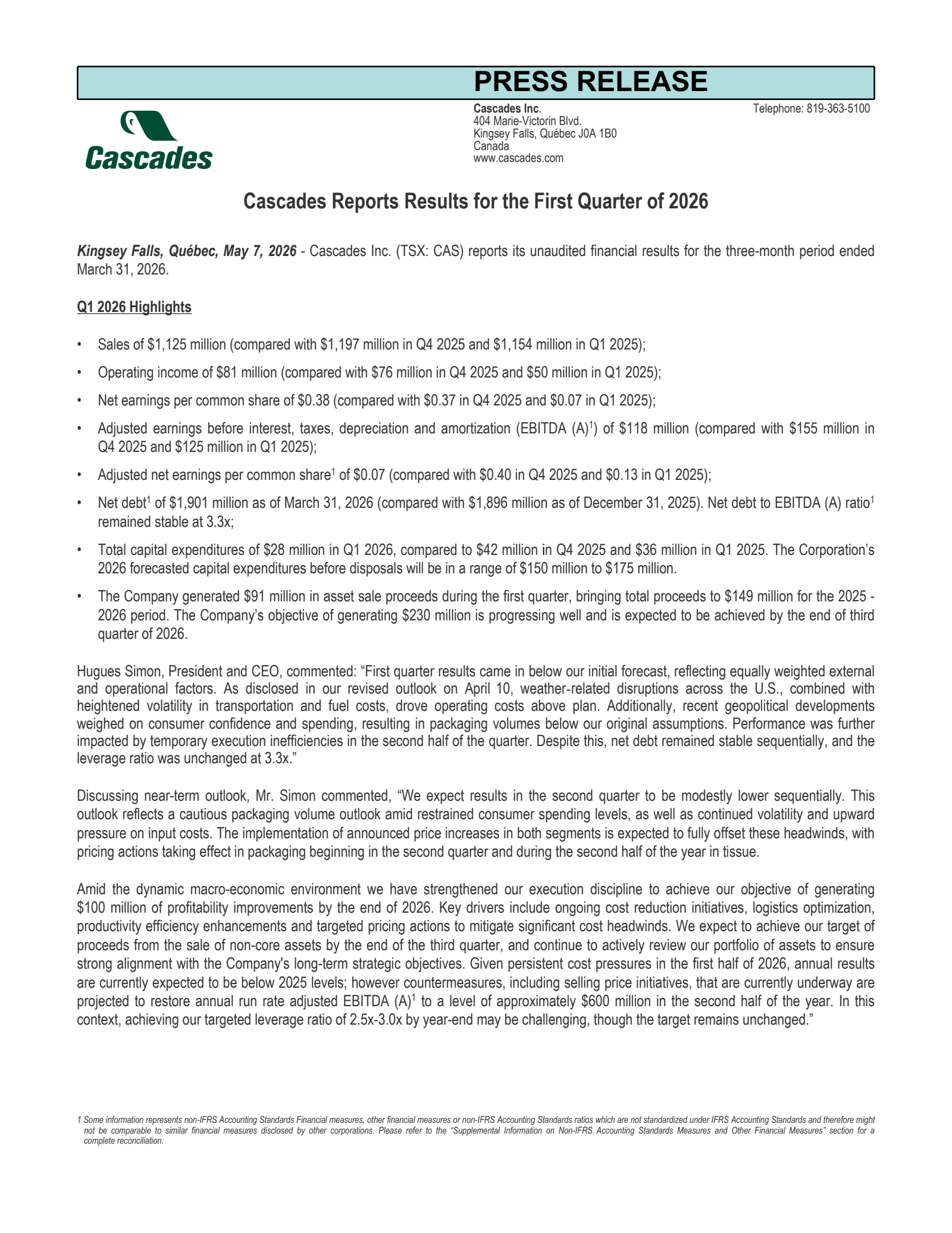 Cascades' Q1 2026 Press Release