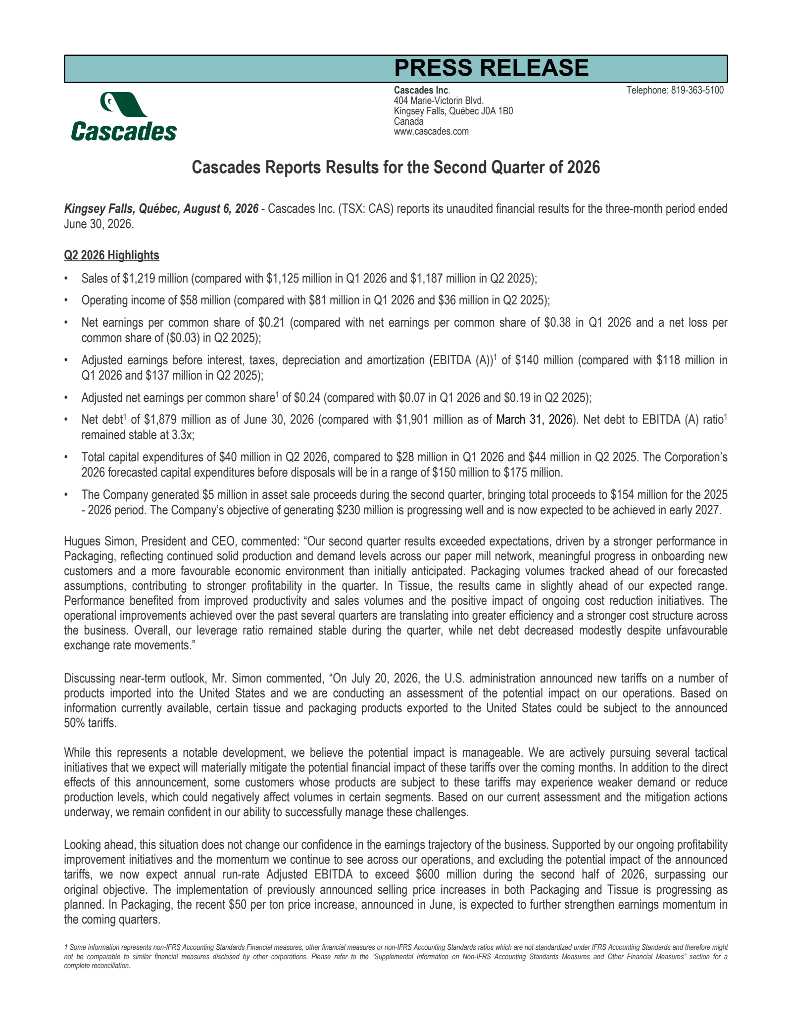 Cascades' Q2 2026 Press Release