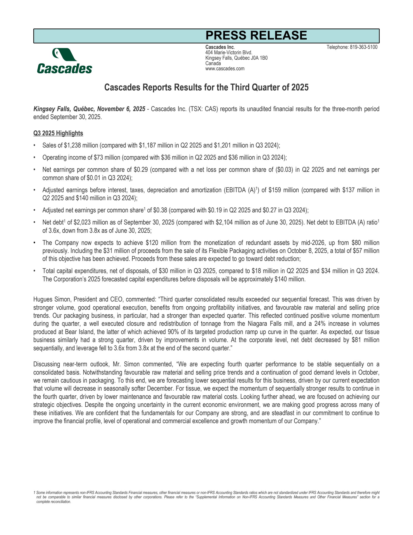 Cascades' Q3 2025 Earnings Release