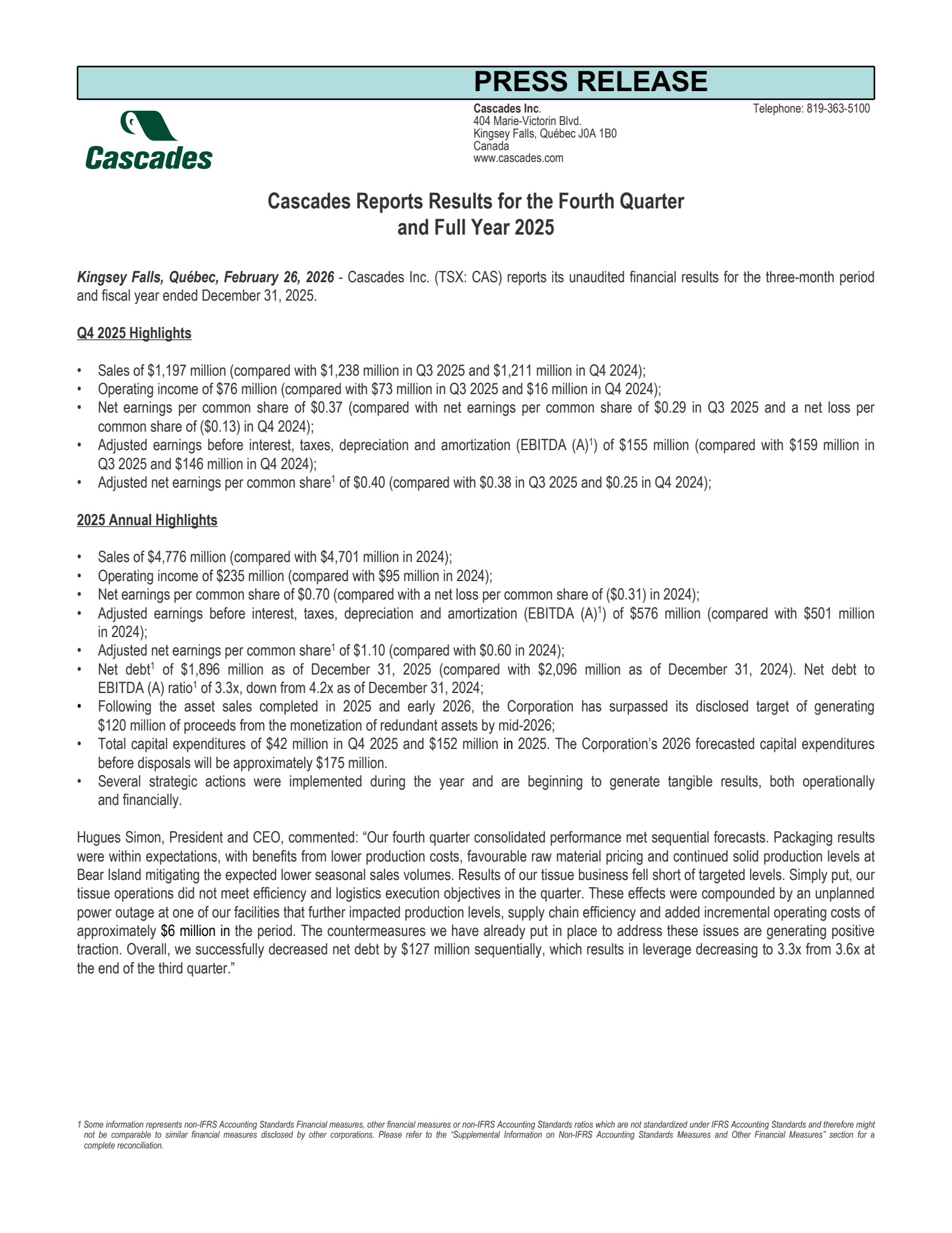 Cascades' Q4 2025 Press Release