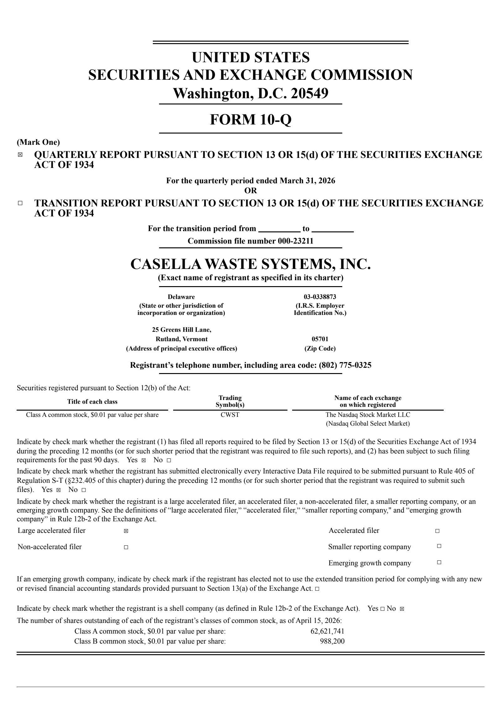 Casella Waste Systems' Q1 2026 Quarterly report