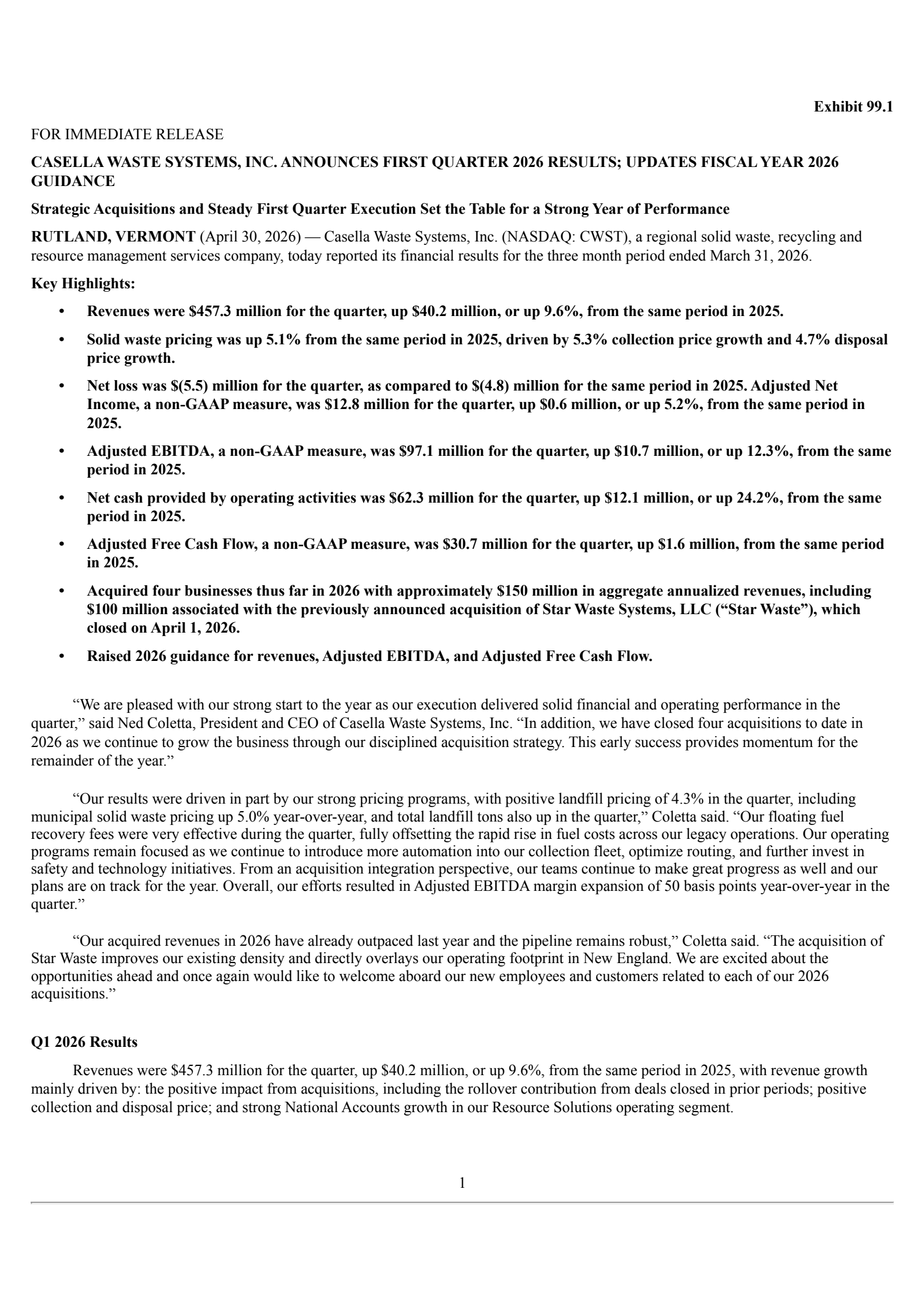 Casella Waste Systems' Q1 2026 Press Release