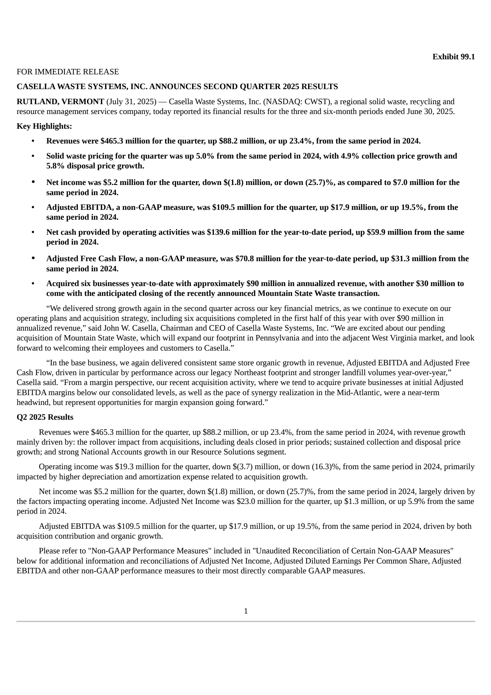 Casella Waste Systems' Q2 2025 Press Release