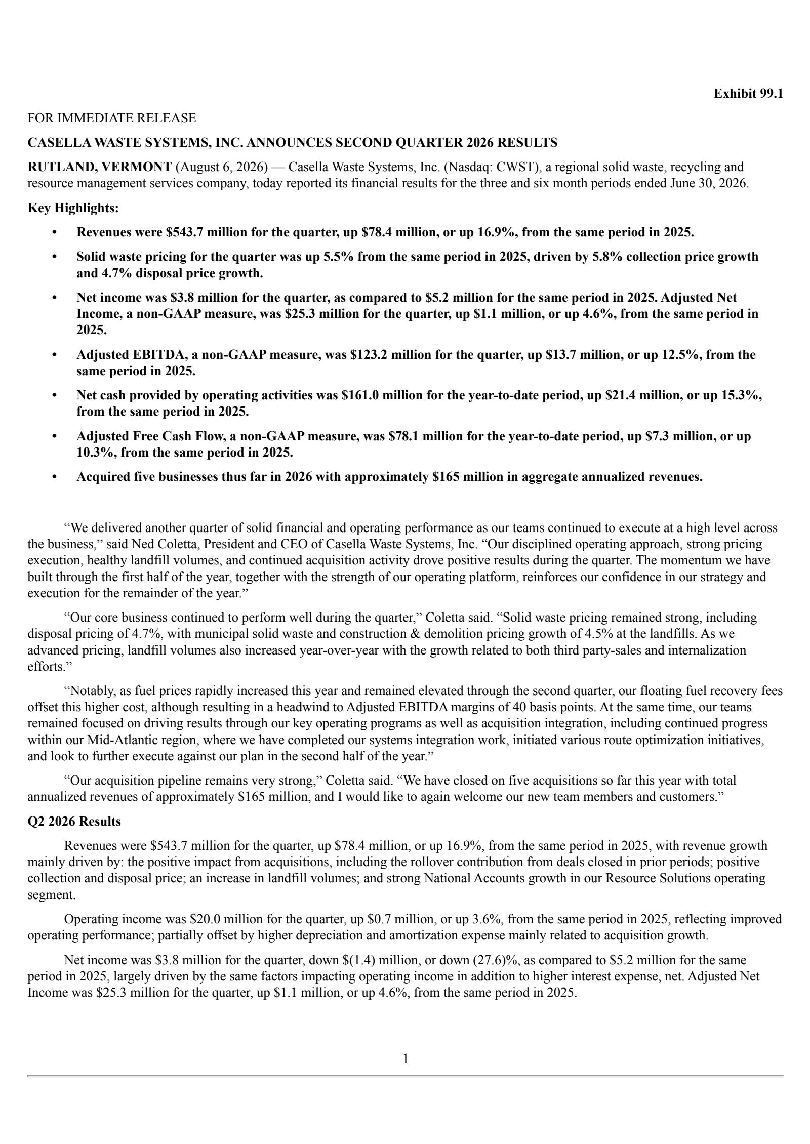 Casella Waste Systems' Q2 2026 Press Release