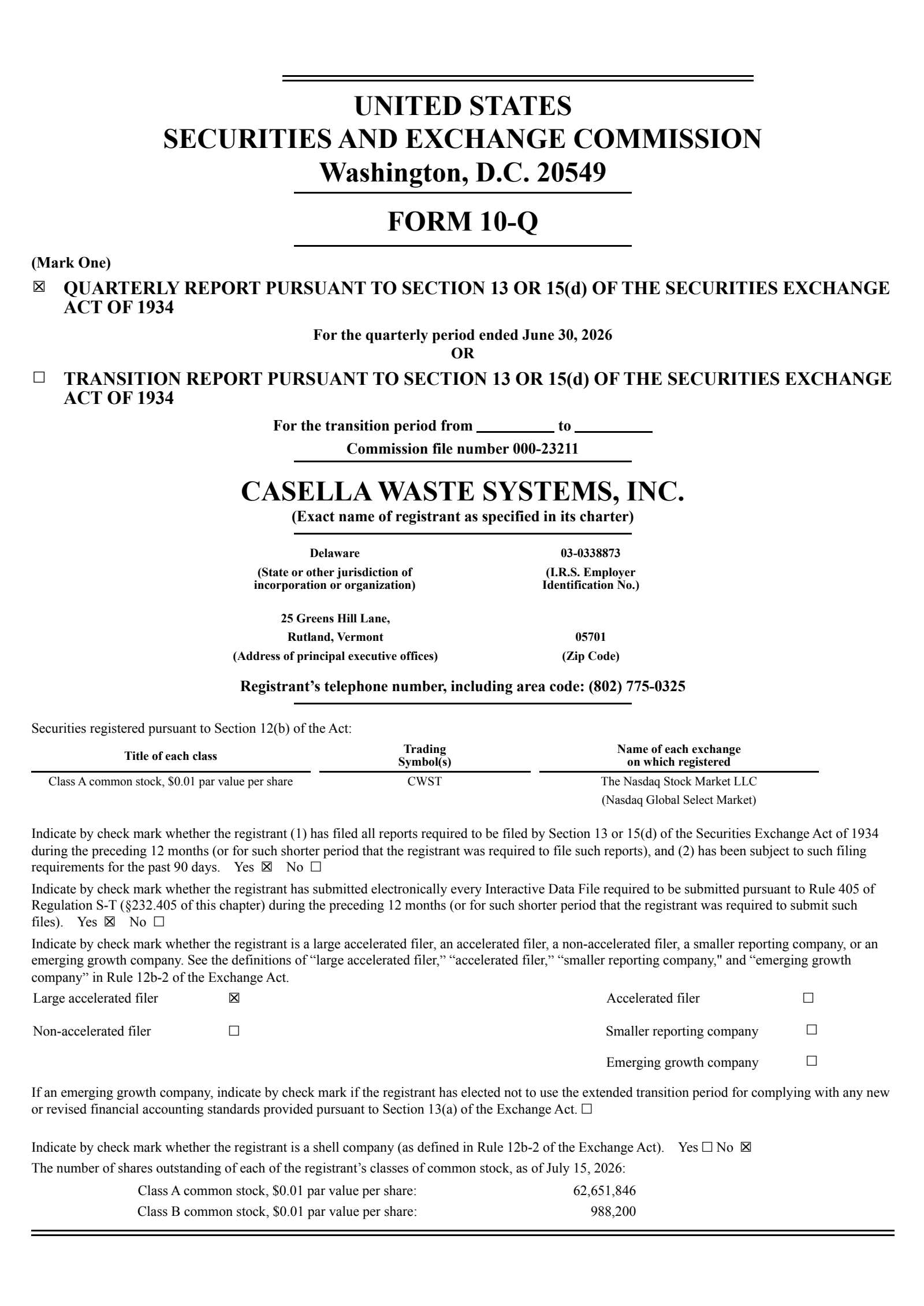 Casella Waste Systems' Q2 2026 Quarterly report
