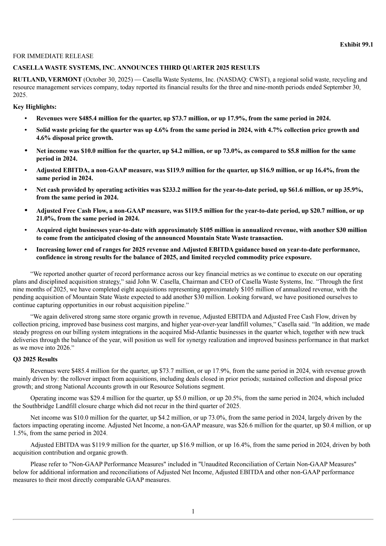 Casella Waste Systems' Q3 2025 Earnings Release