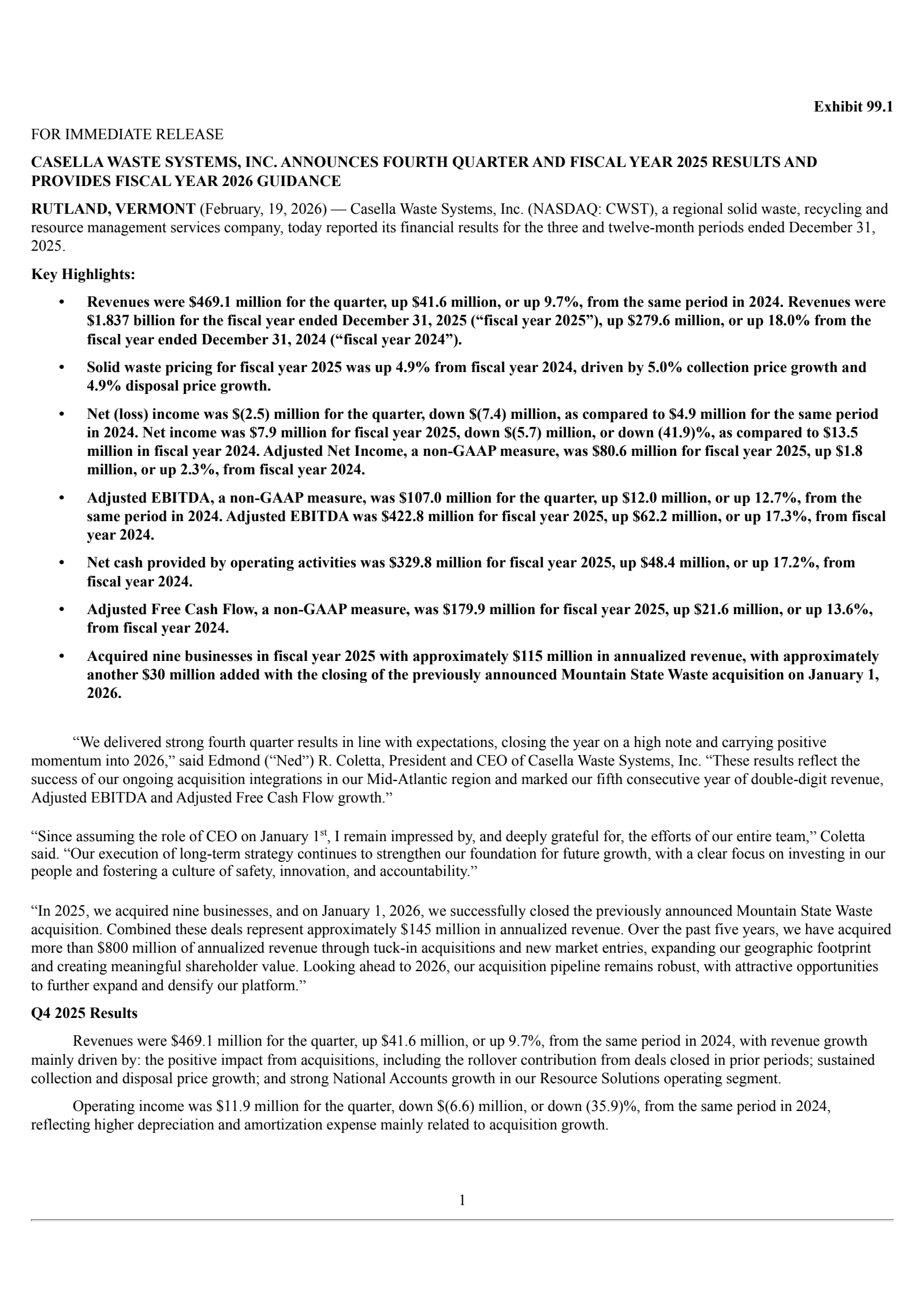 Casella Waste Systems' Q4 2025 Press Release