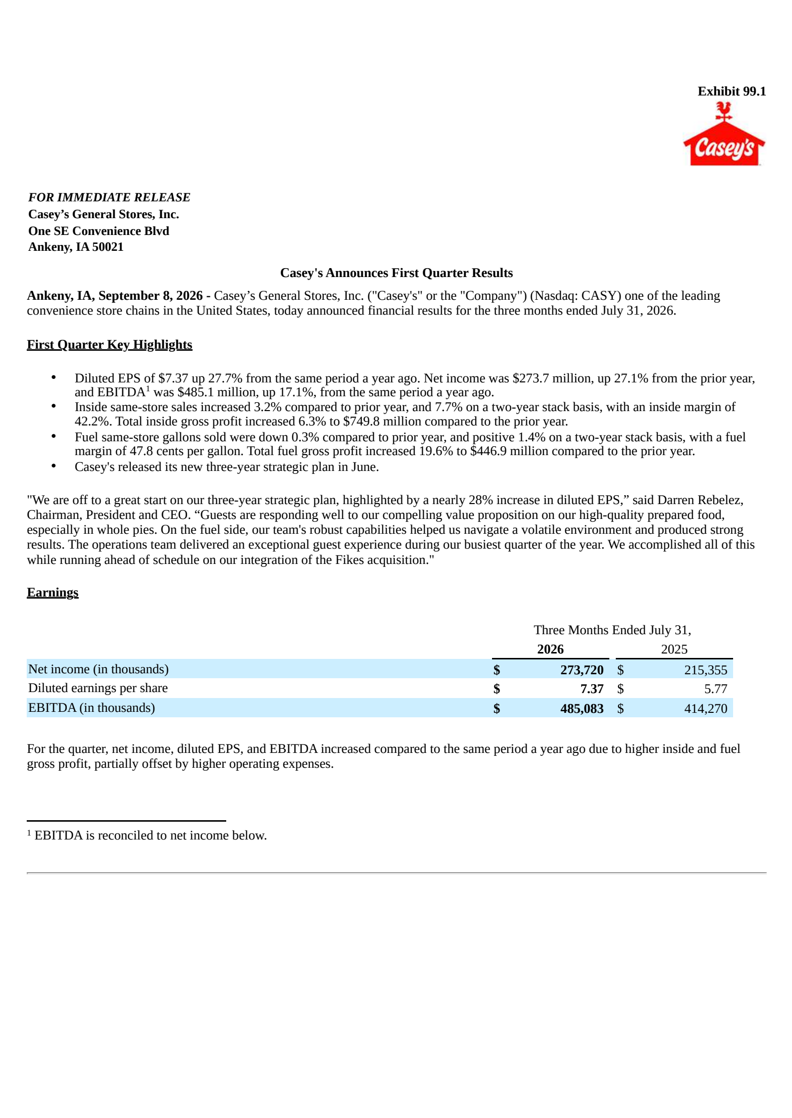 Casey's General Stores' Q1 2027 Press Release