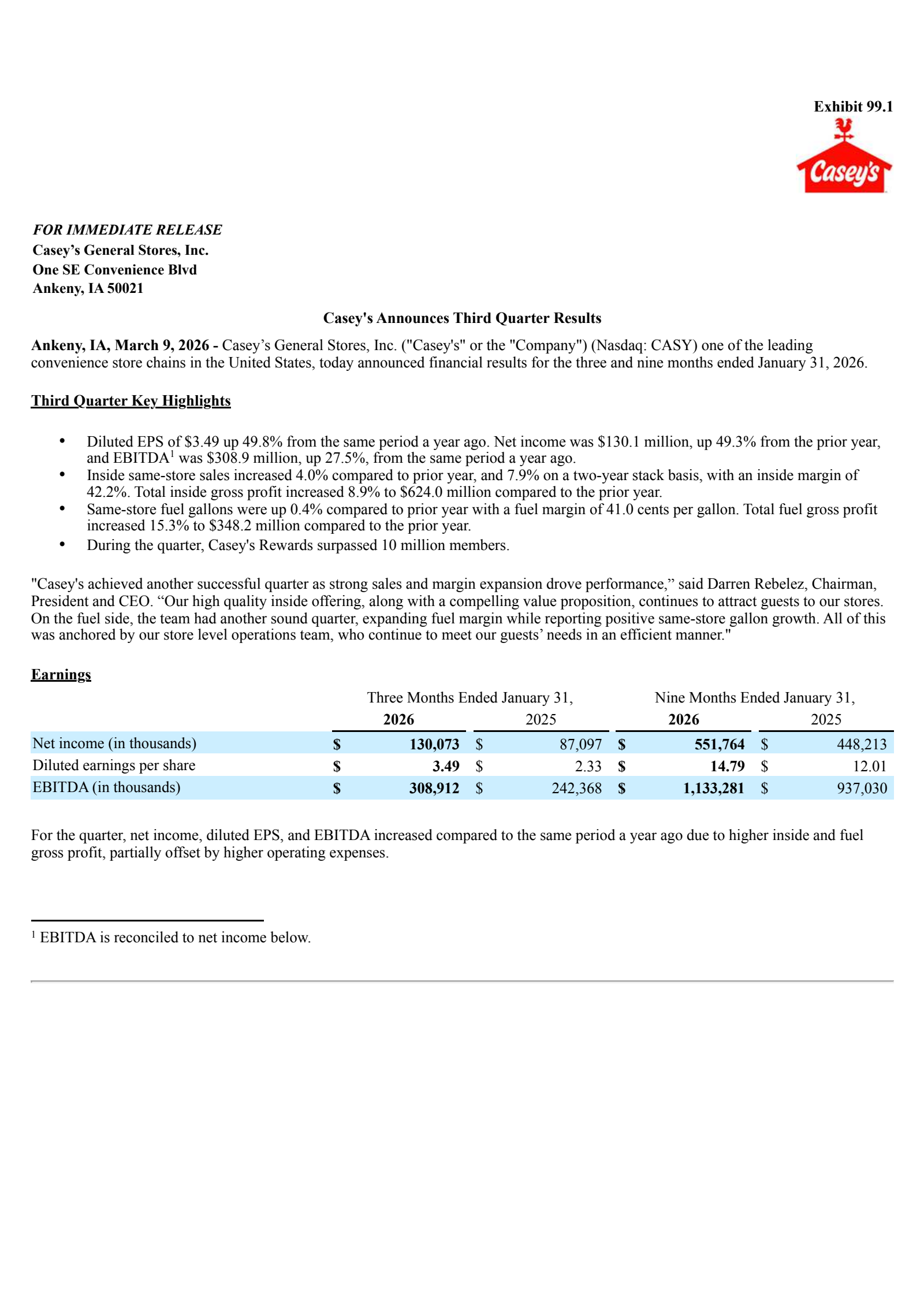 Casey's General Stores' Q3 2026 Press Release