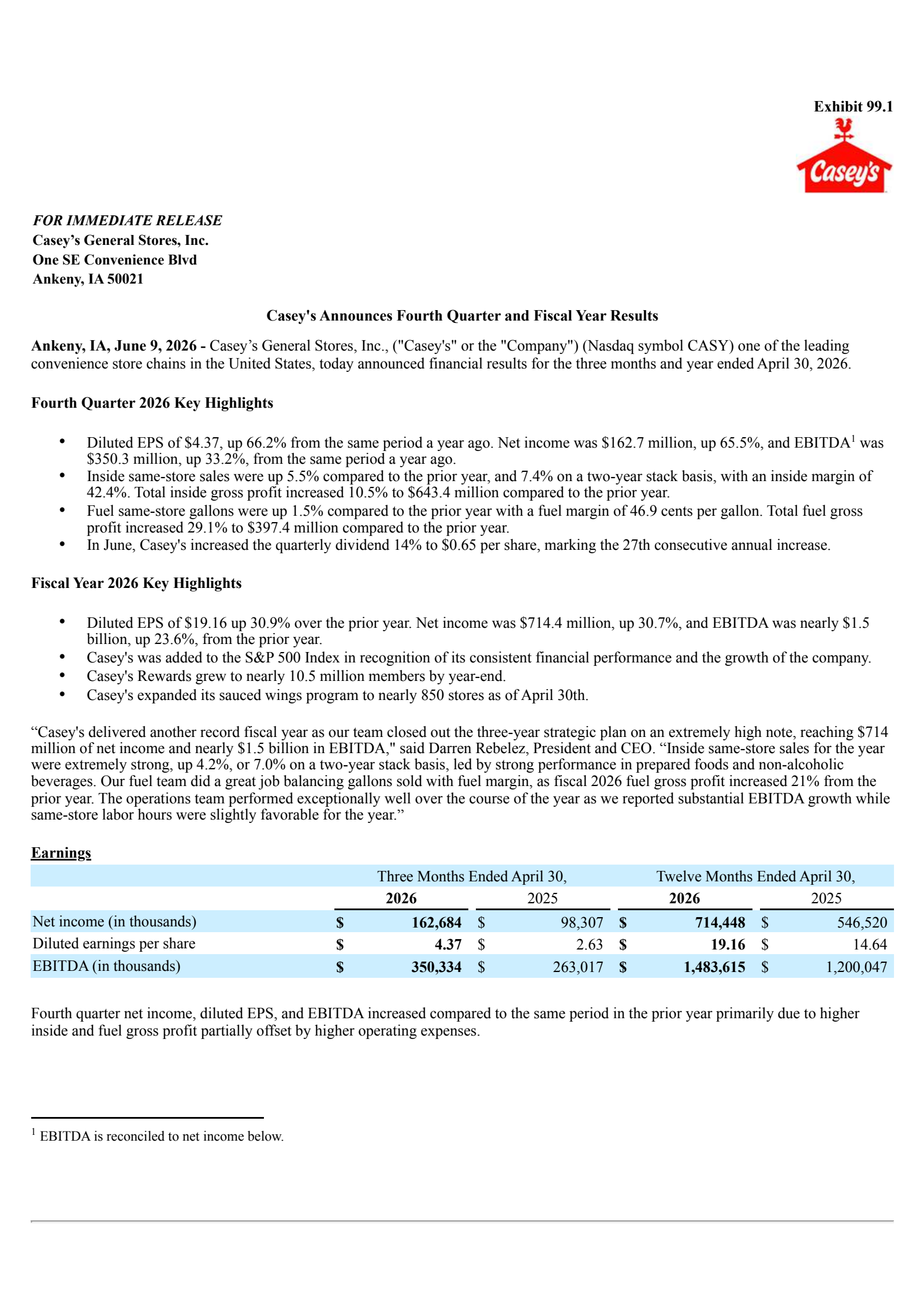 Casey's General Stores' Q4 2026 Press Release