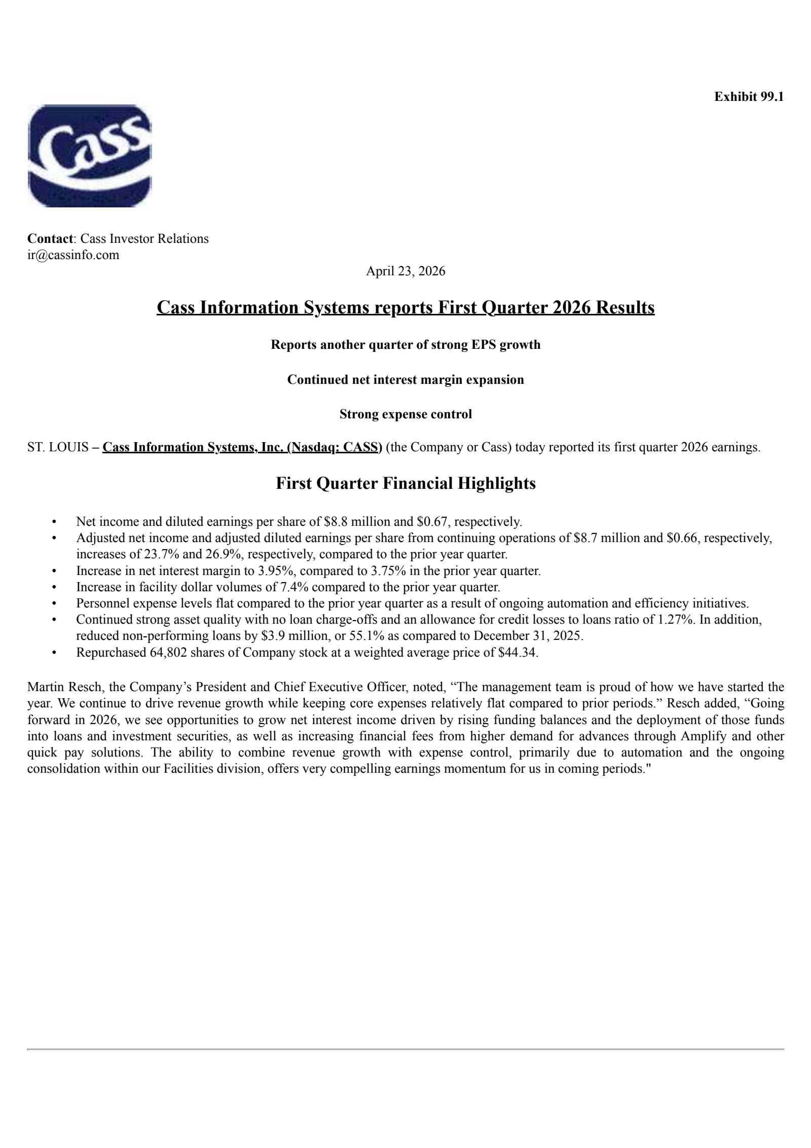 Cass Information Systems' Q1 2026 Press Release