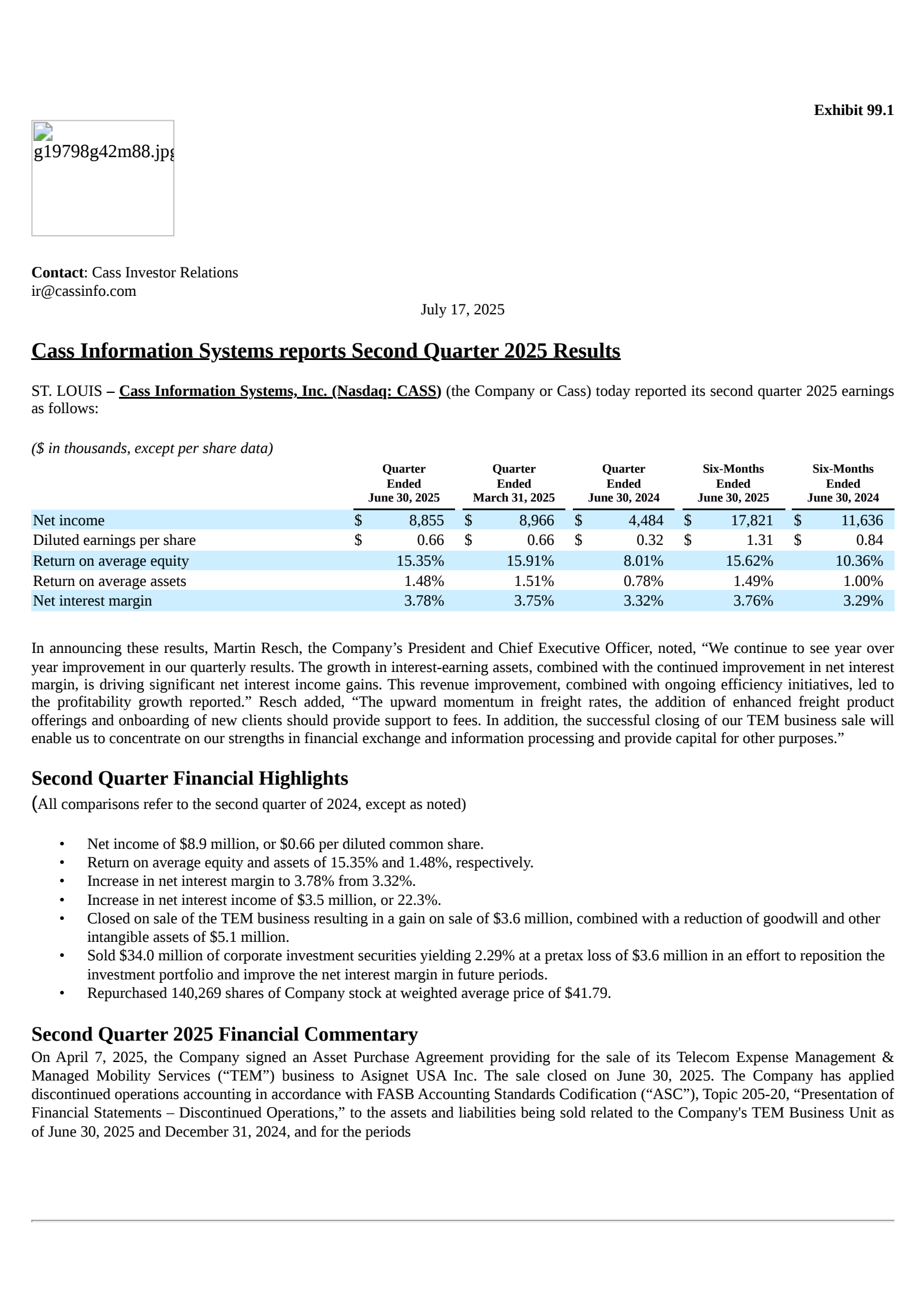 Cass Information Systems' Q2 2025 Press Release