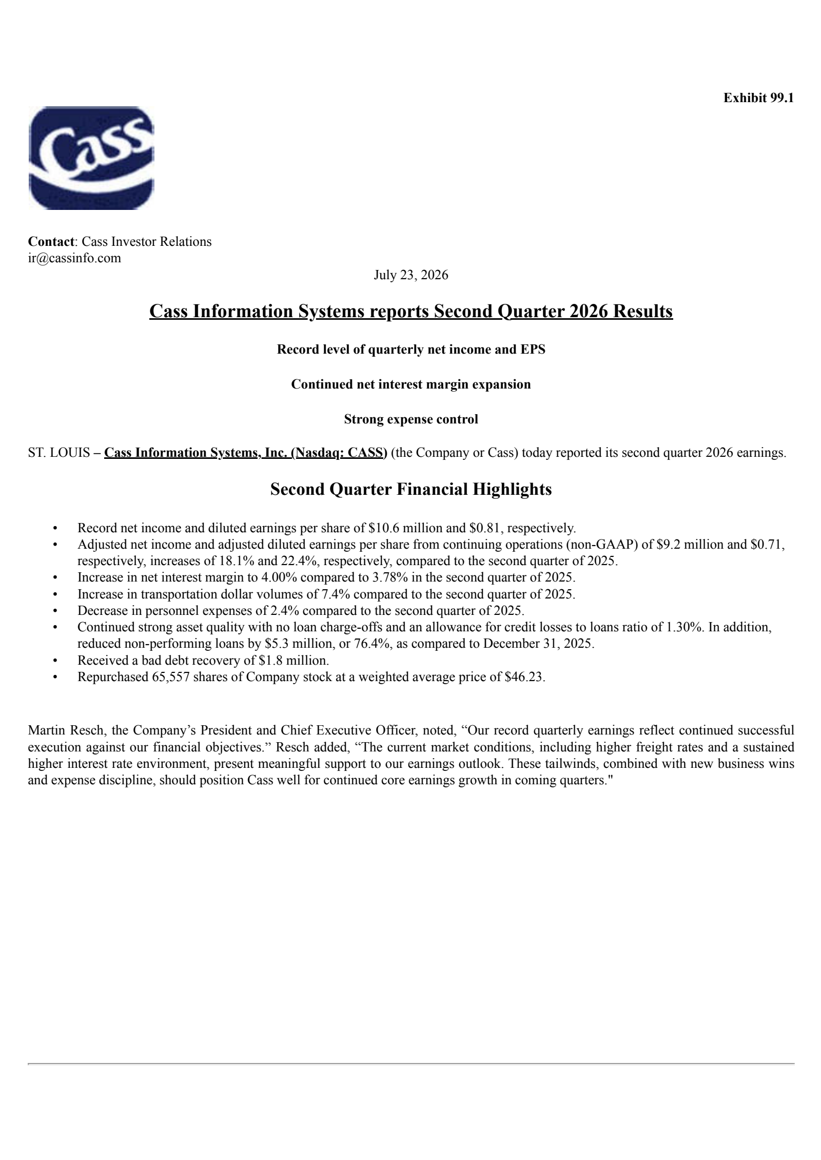 Cass Information Systems' Q2 2026 Press Release