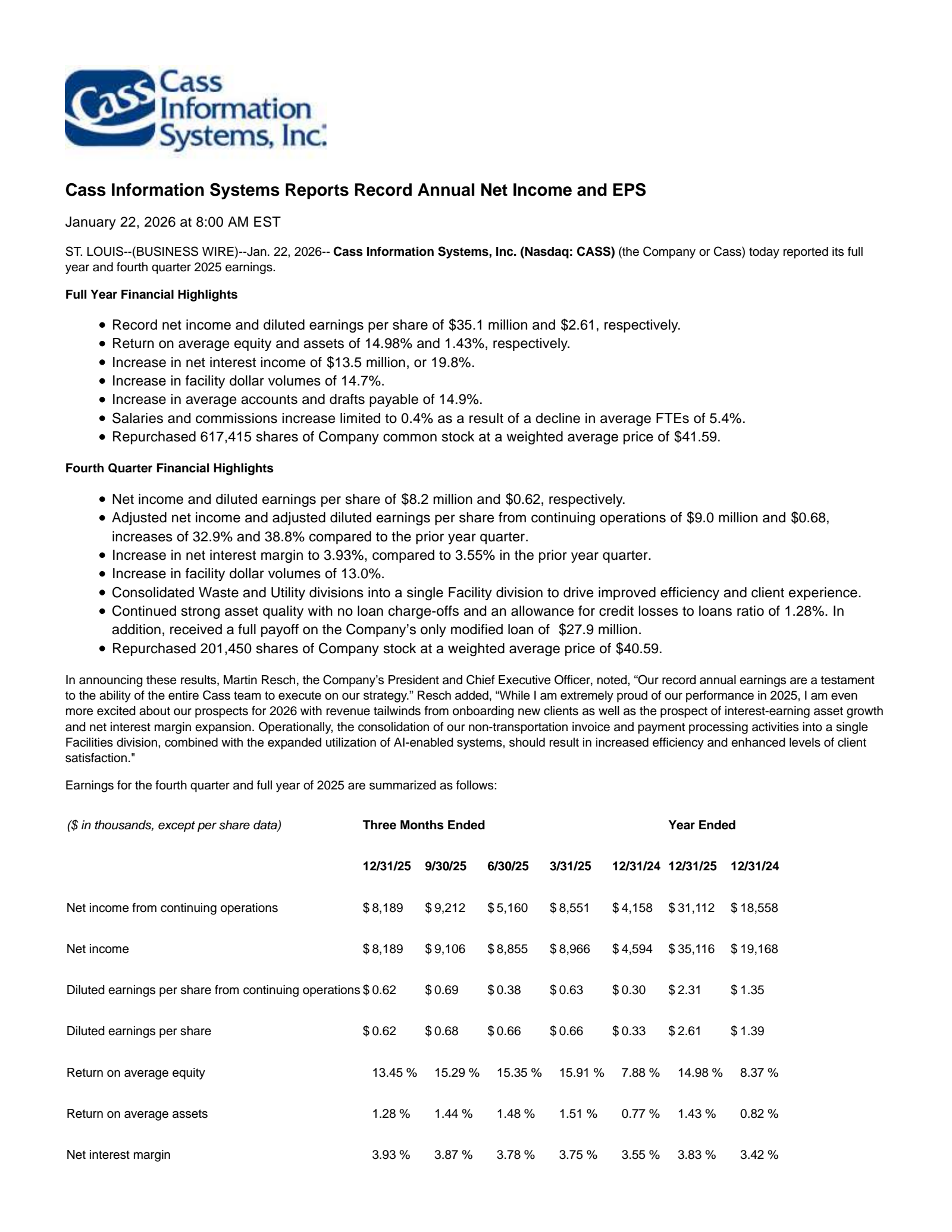 Cass Information Systems' Q4 2025 Press Release