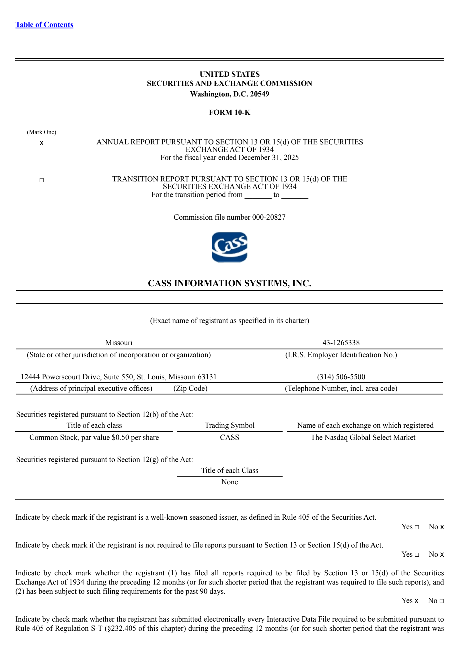 Cass Information Systems' Q4 2025 Annual report