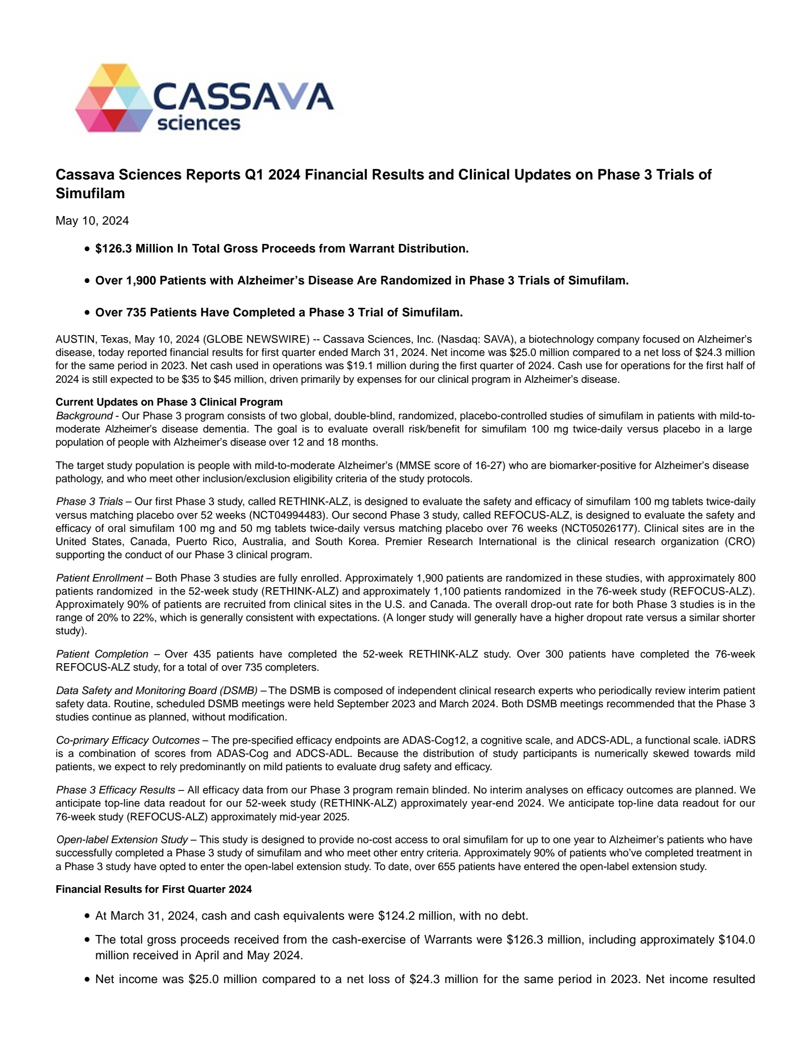 Cassava Sciences' Q1 2024 Press Release