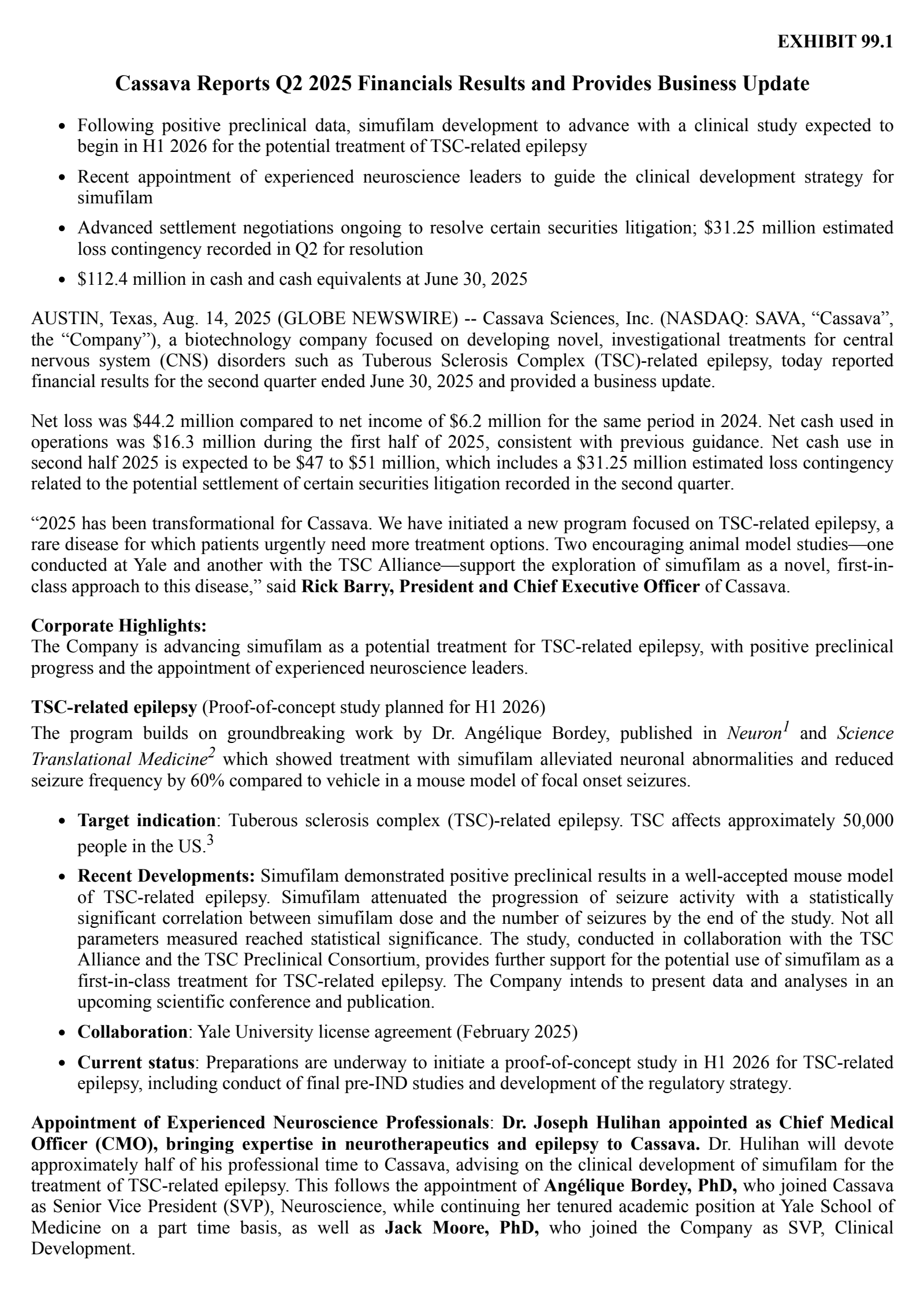 Cassava Sciences' Q2 2025 Press Release