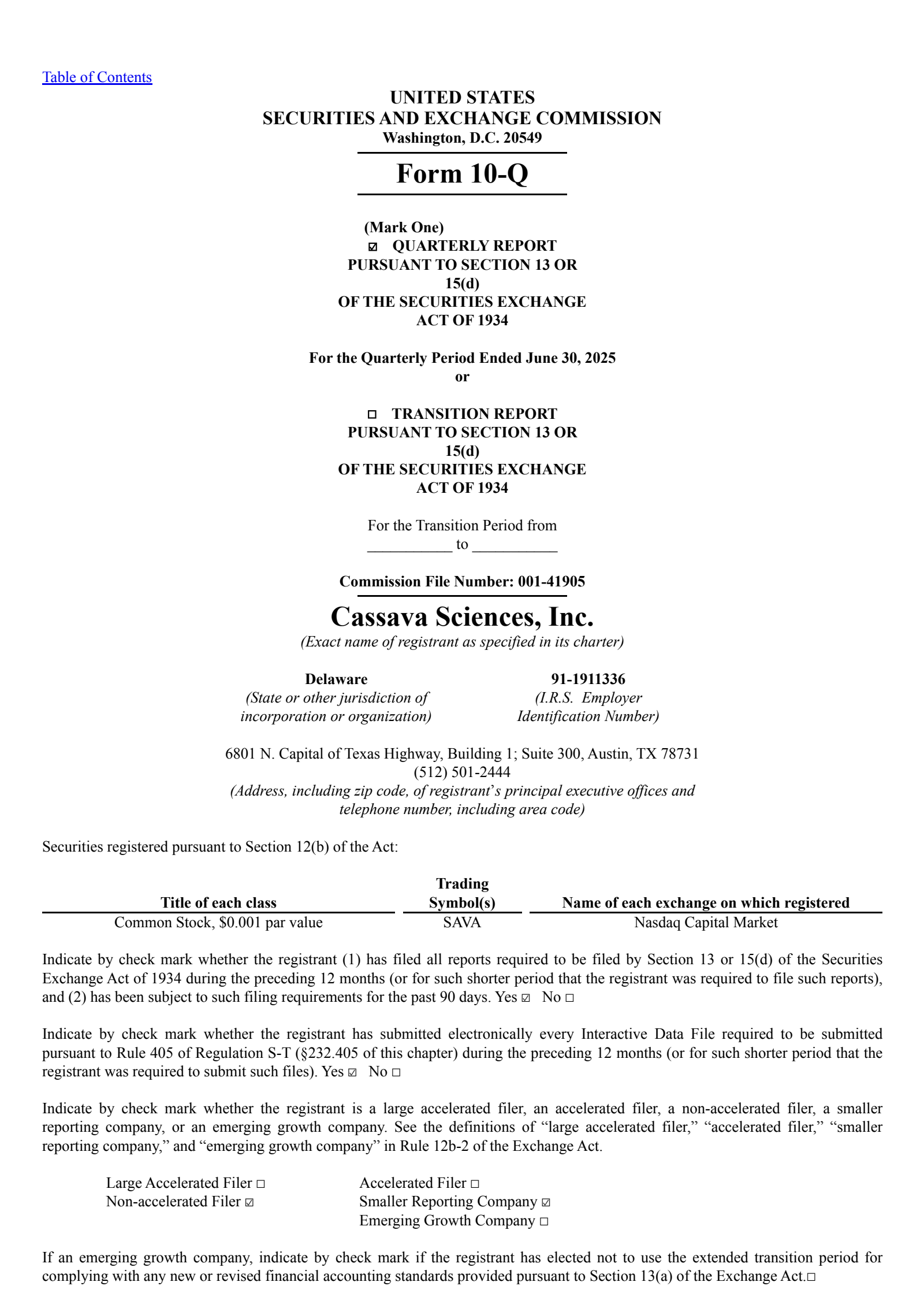 Cassava Sciences' Q2 2025 Quarterly report