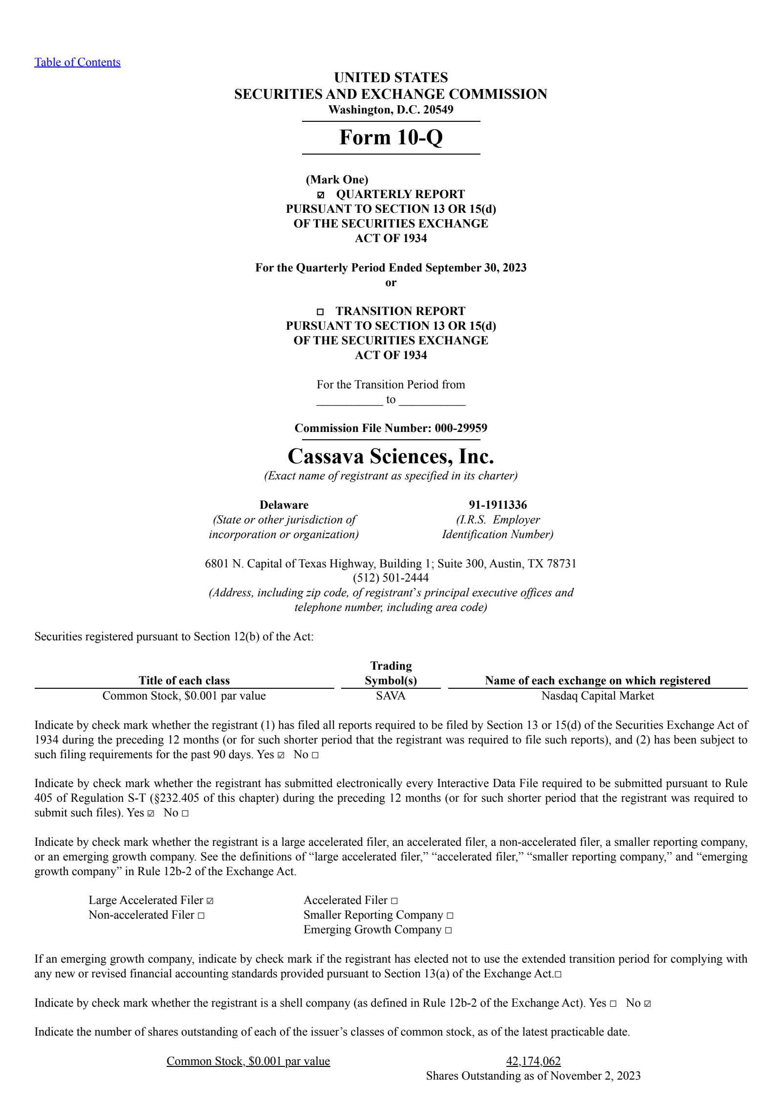 Cassava Sciences' Q3 2023 Quarterly report