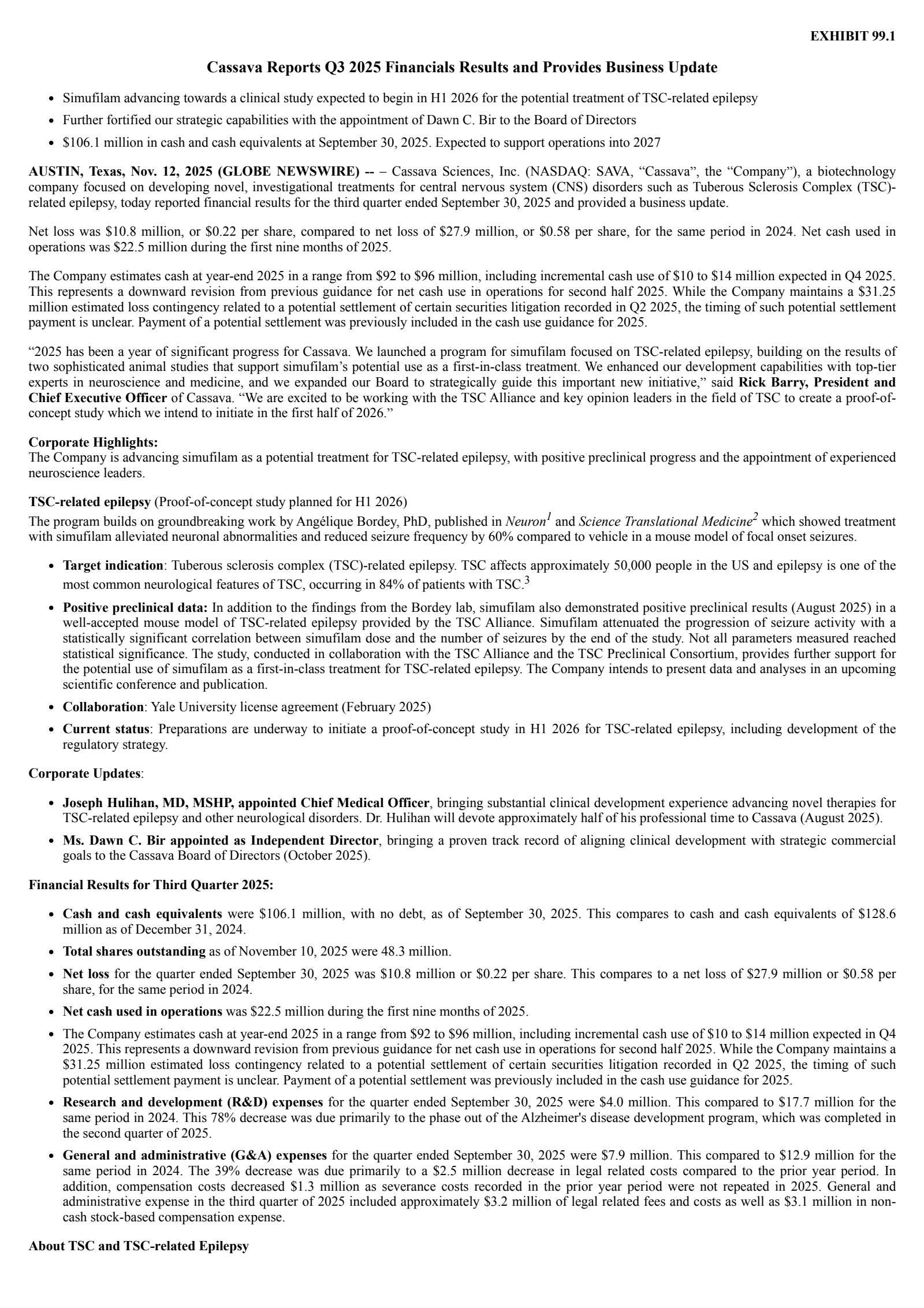 Cassava Sciences' Q3 2025 Earnings Release