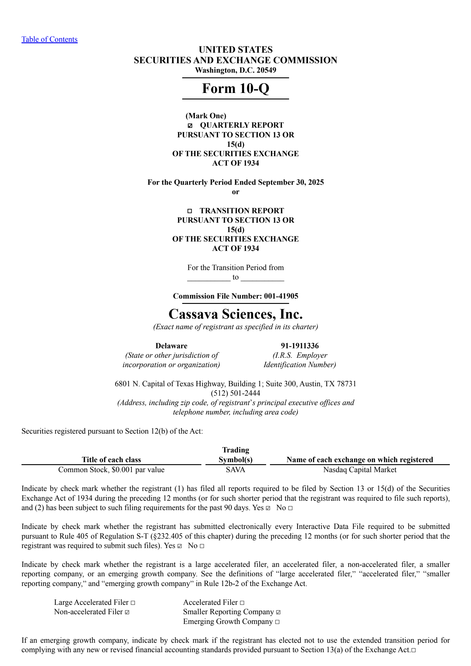 Cassava Sciences' Q3 2025 Quarterly Report