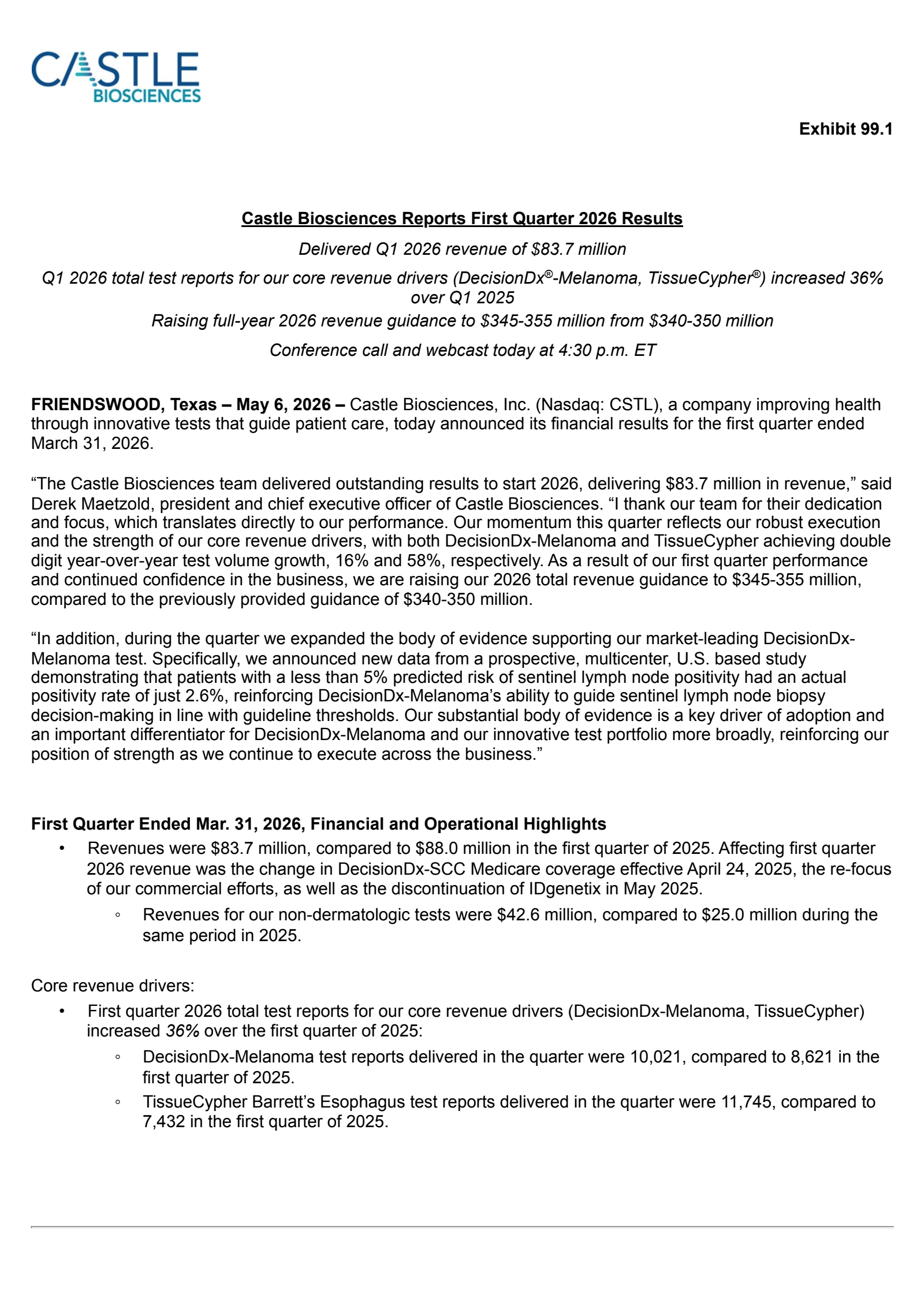Castle Biosciences' Q1 2026 Press Release