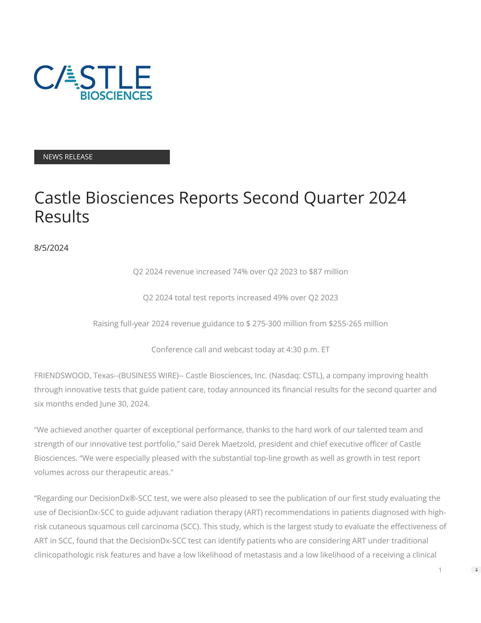 Castle Biosciences' Q2 2024 Press Release