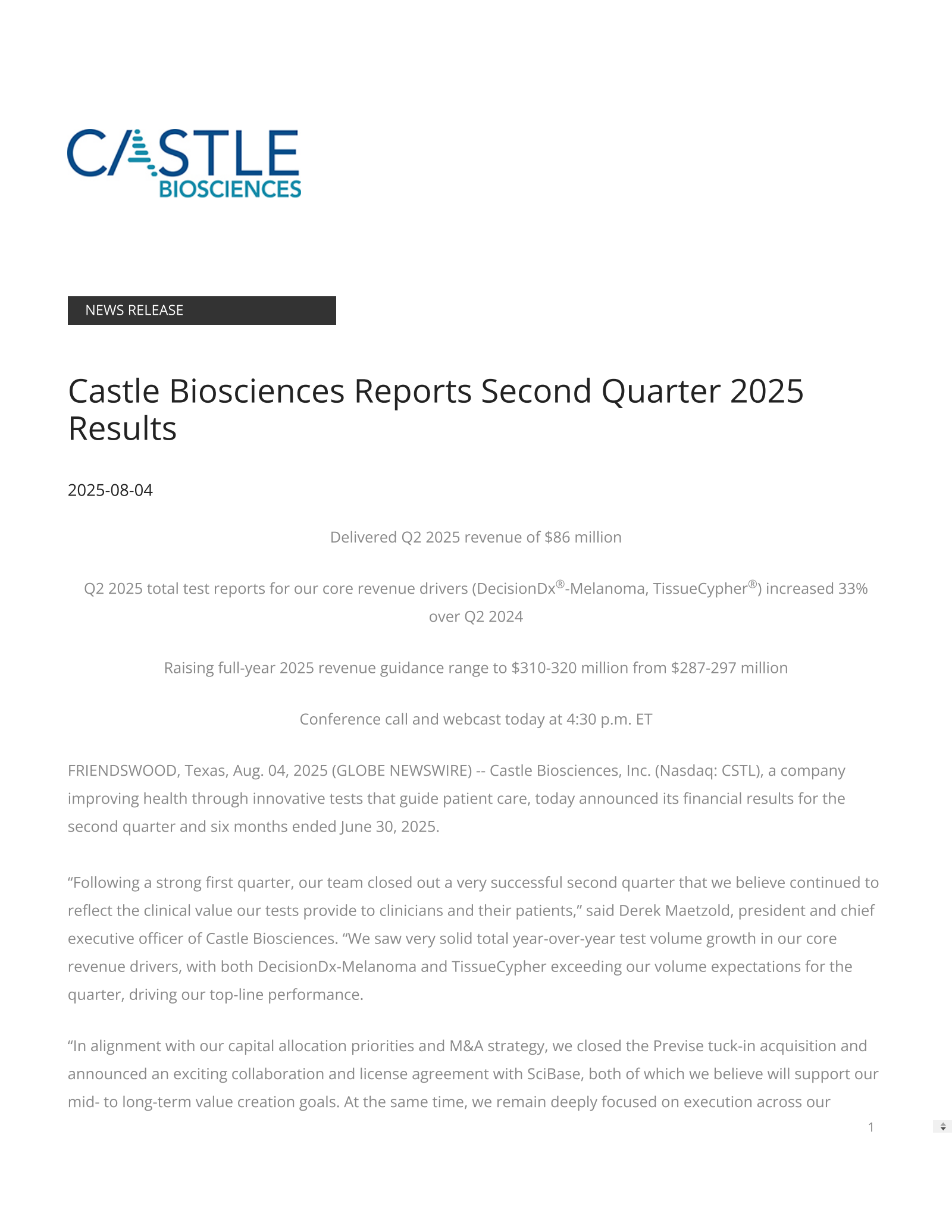 Castle Biosciences' Q2 2025 Press Release