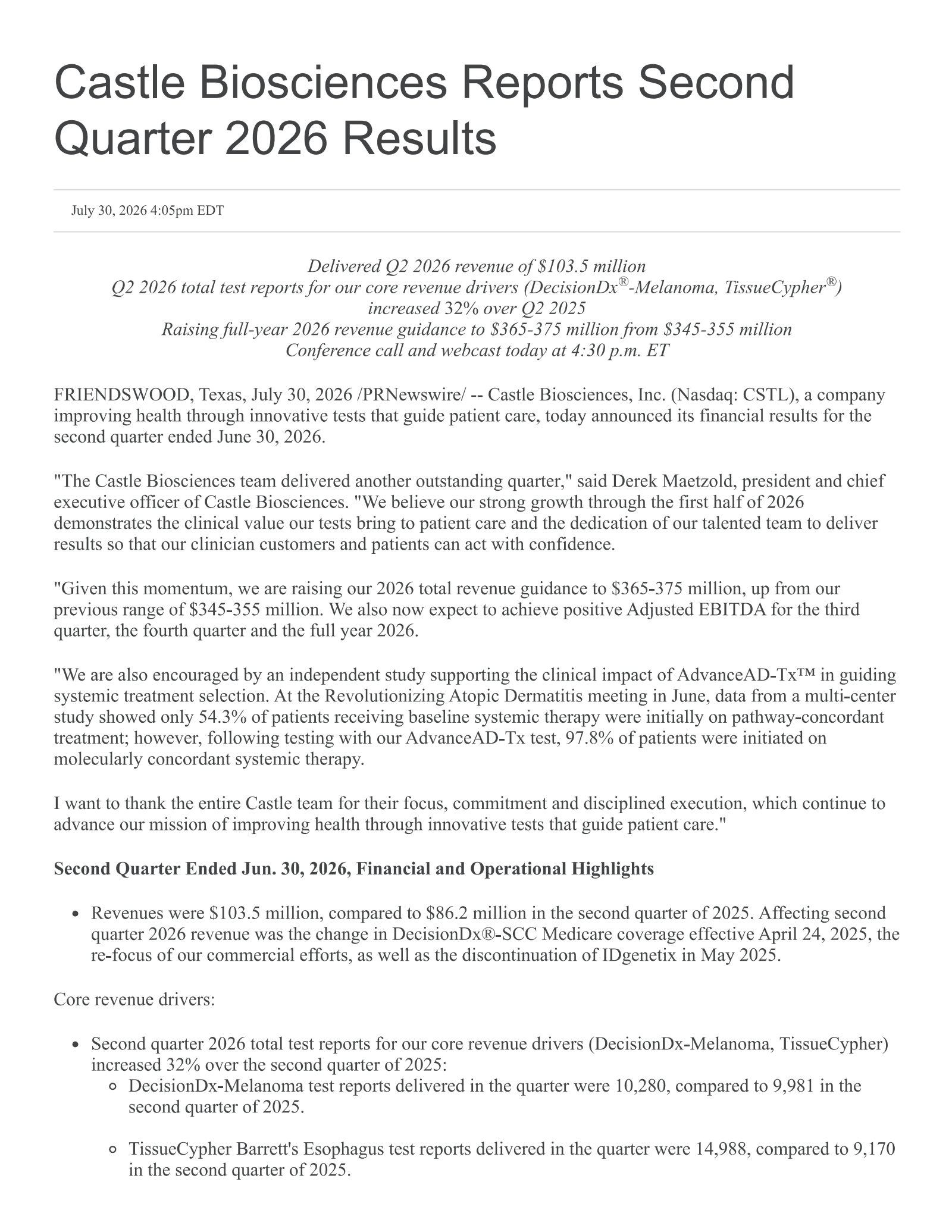 Castle Biosciences' Q2 2026 Press Release