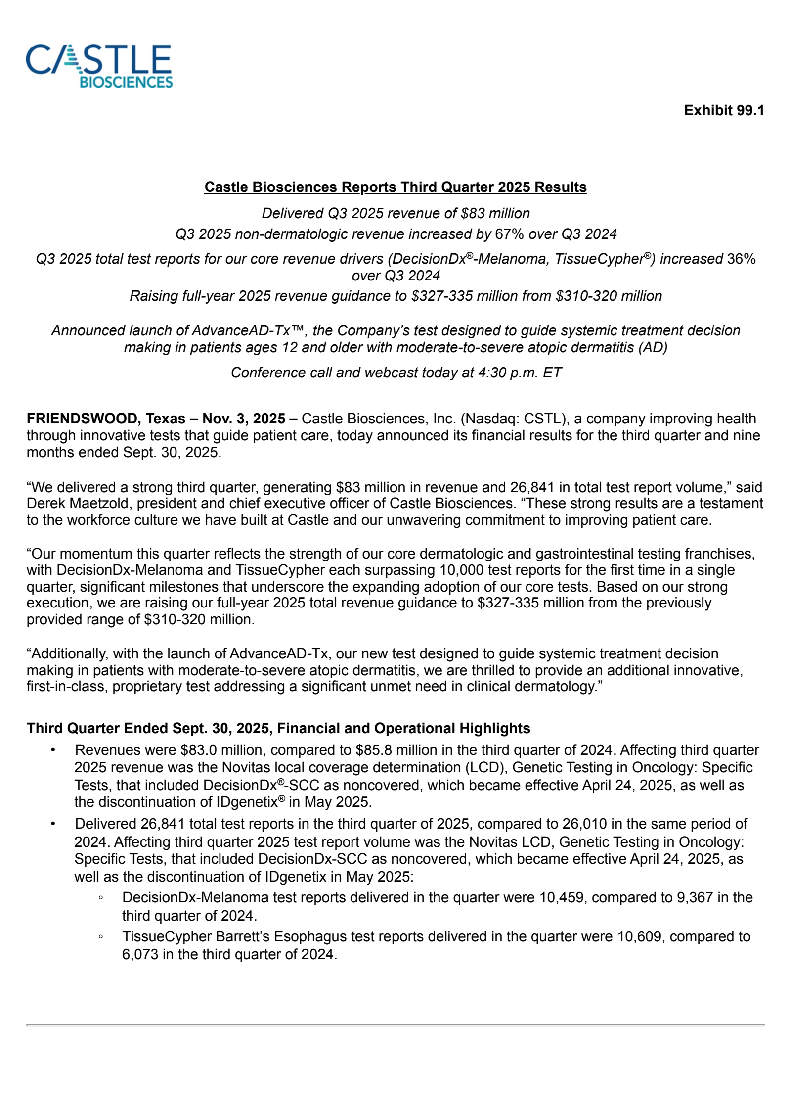 Castle Biosciences' Q3 2025 Earnings Release