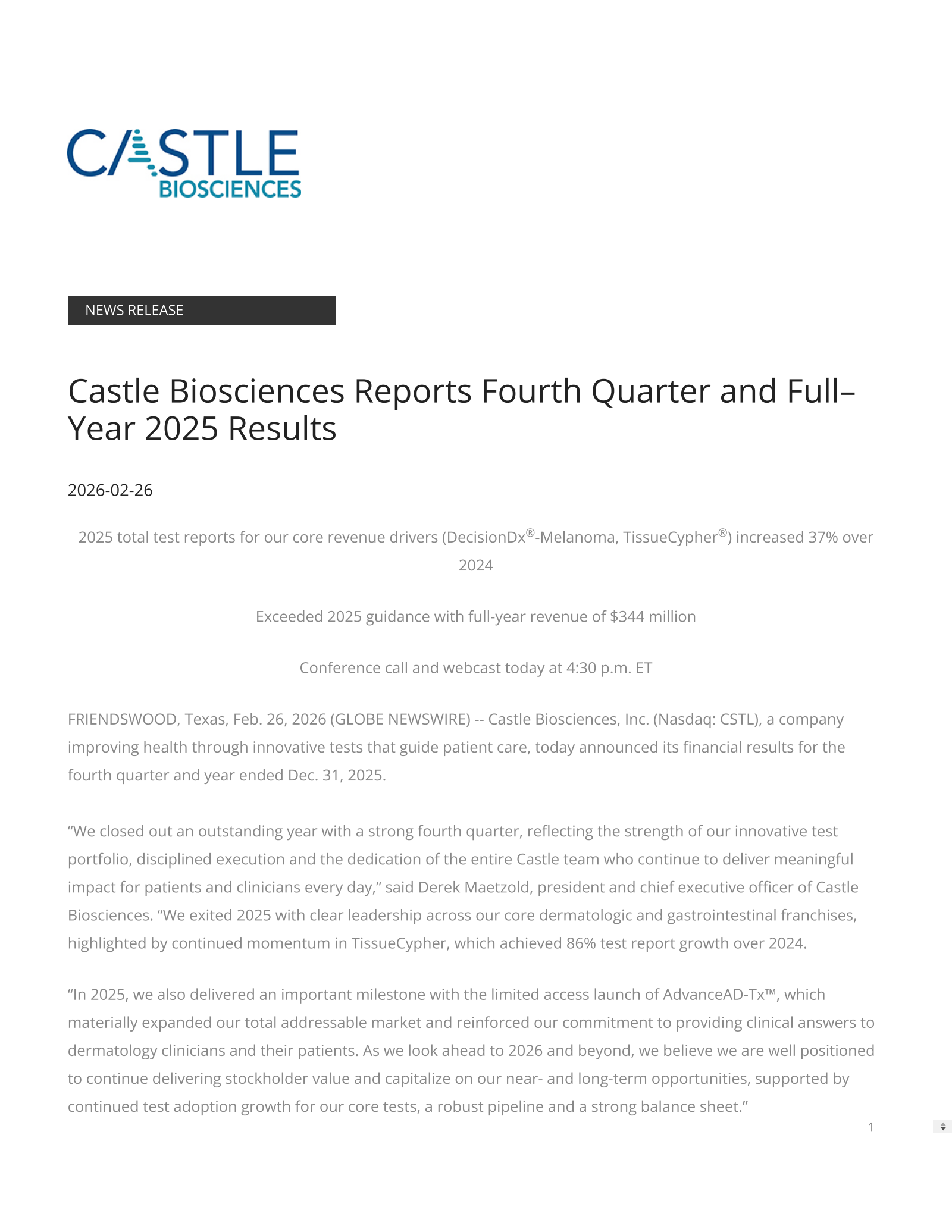Castle Biosciences' Q4 2025 Press Release