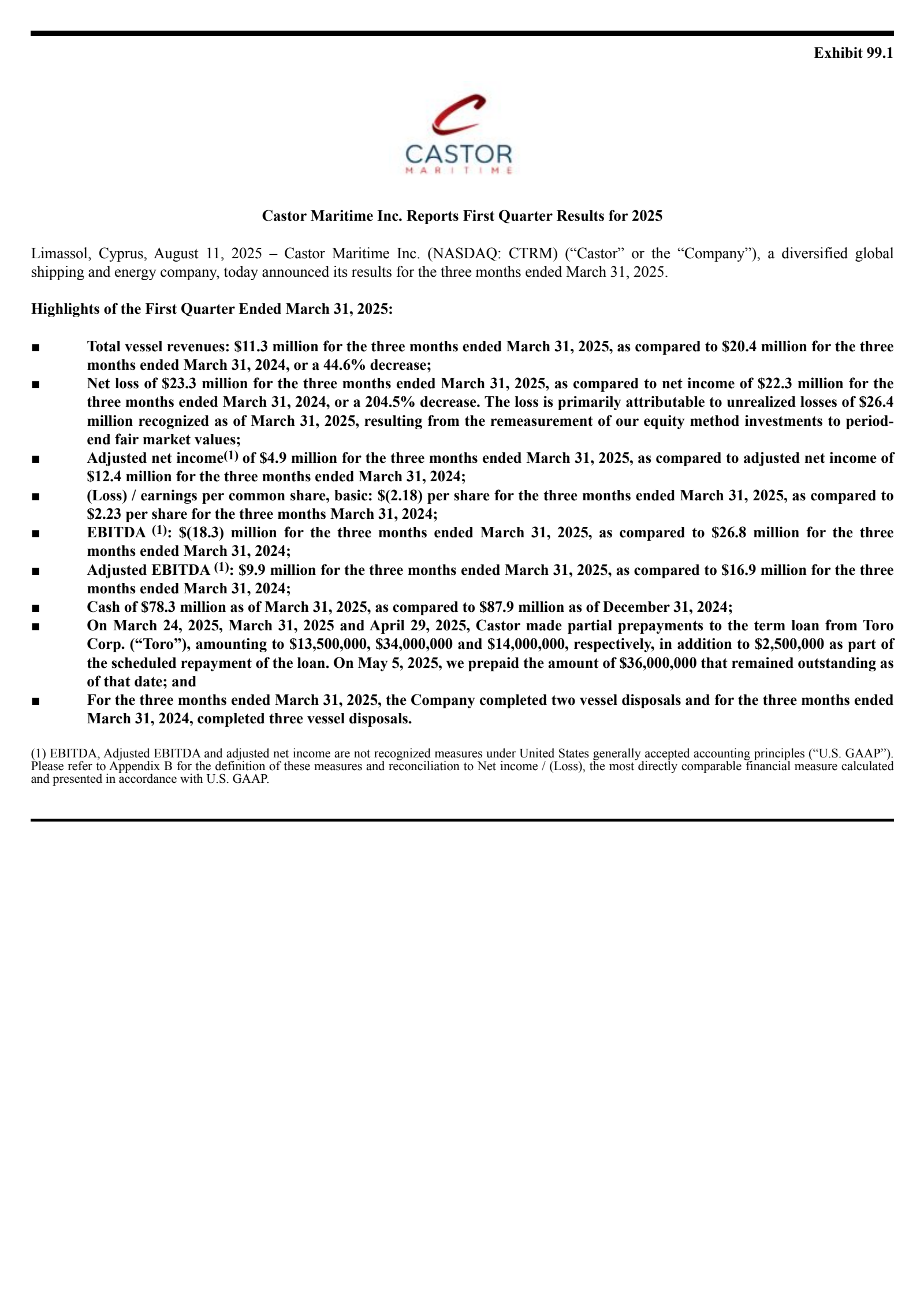 Castor Maritime's Q1 2025 Press Release