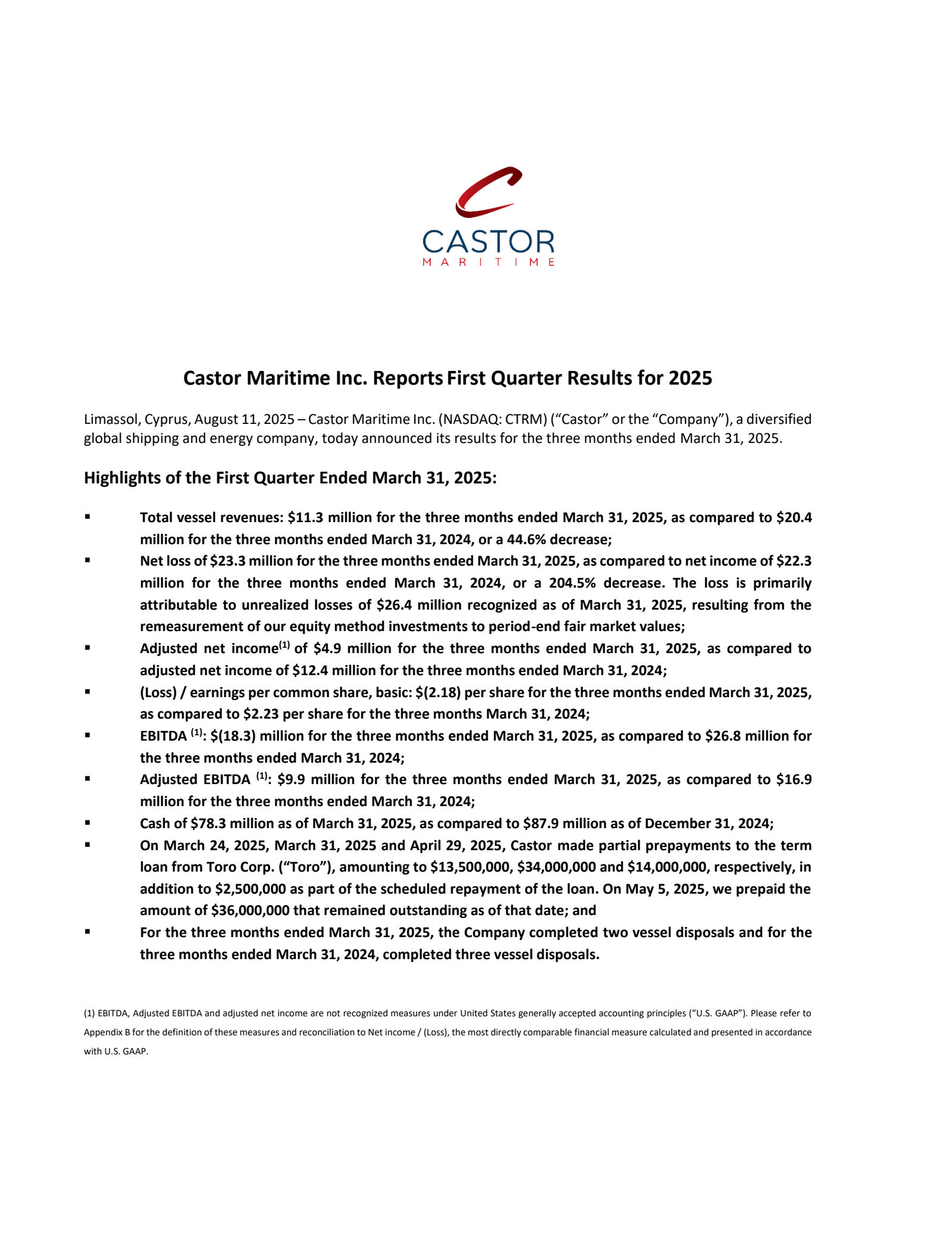 Castor Maritime's Q2 2025 Press Release
