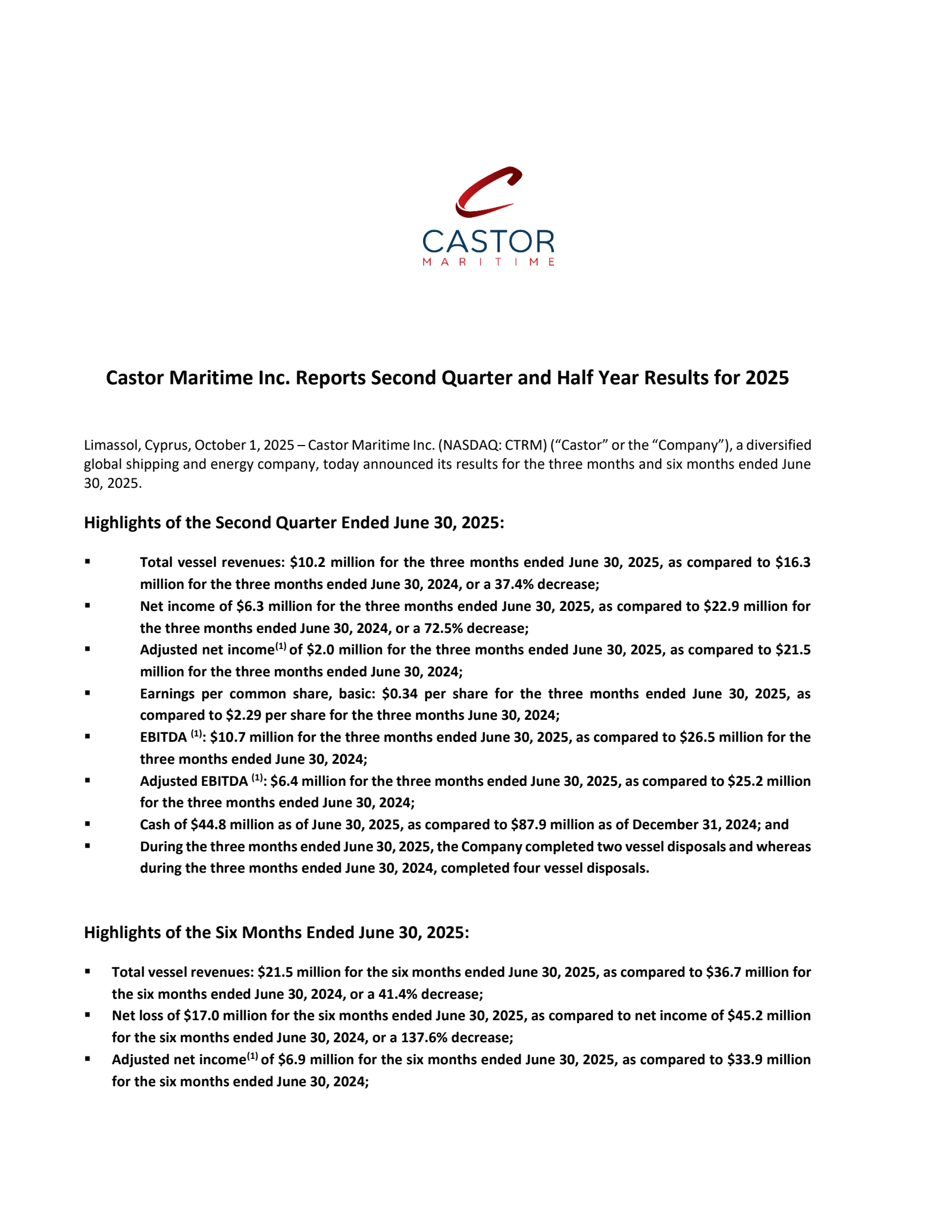 Castor Maritime's Q2 2025 Earnings Release